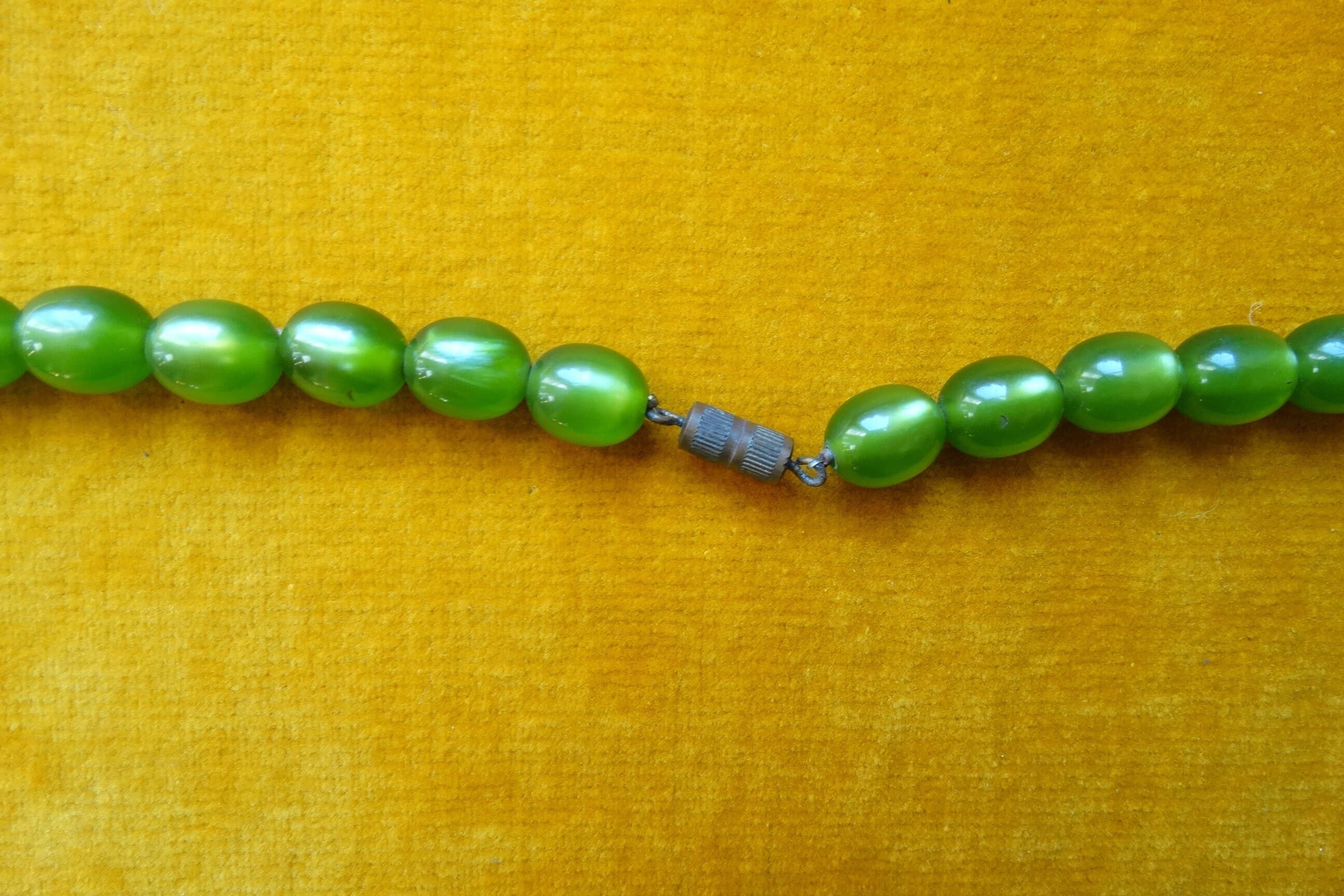 Necklace with green plastic satin look beads/Mid century costume jewellery - image 5