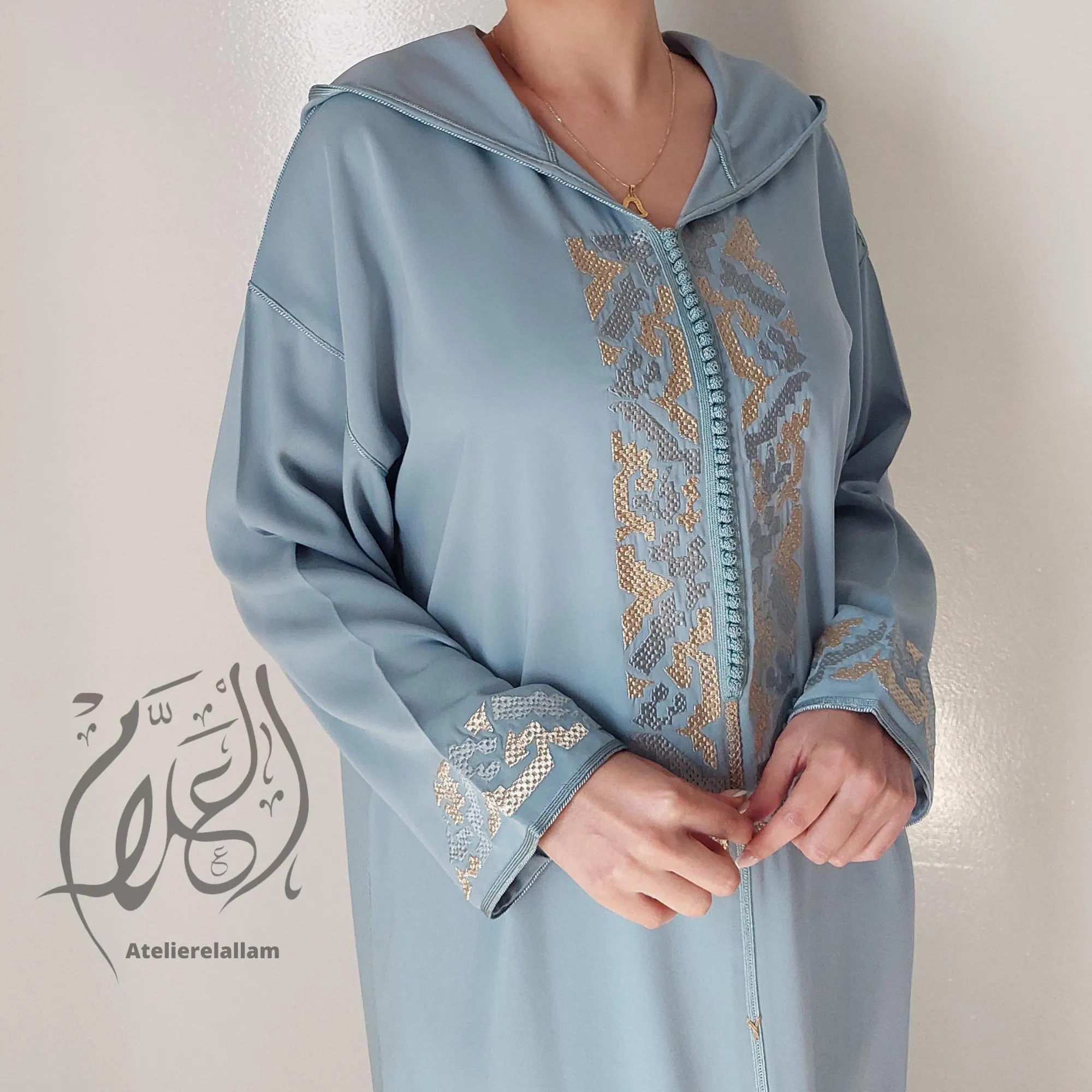 Moroccan ramadan blue jellaba, Trendy cross stitch embroidery djellaba, Moroccan dress for Eid al fitr 2026, Hooded caftan, Gift for her. - image 5