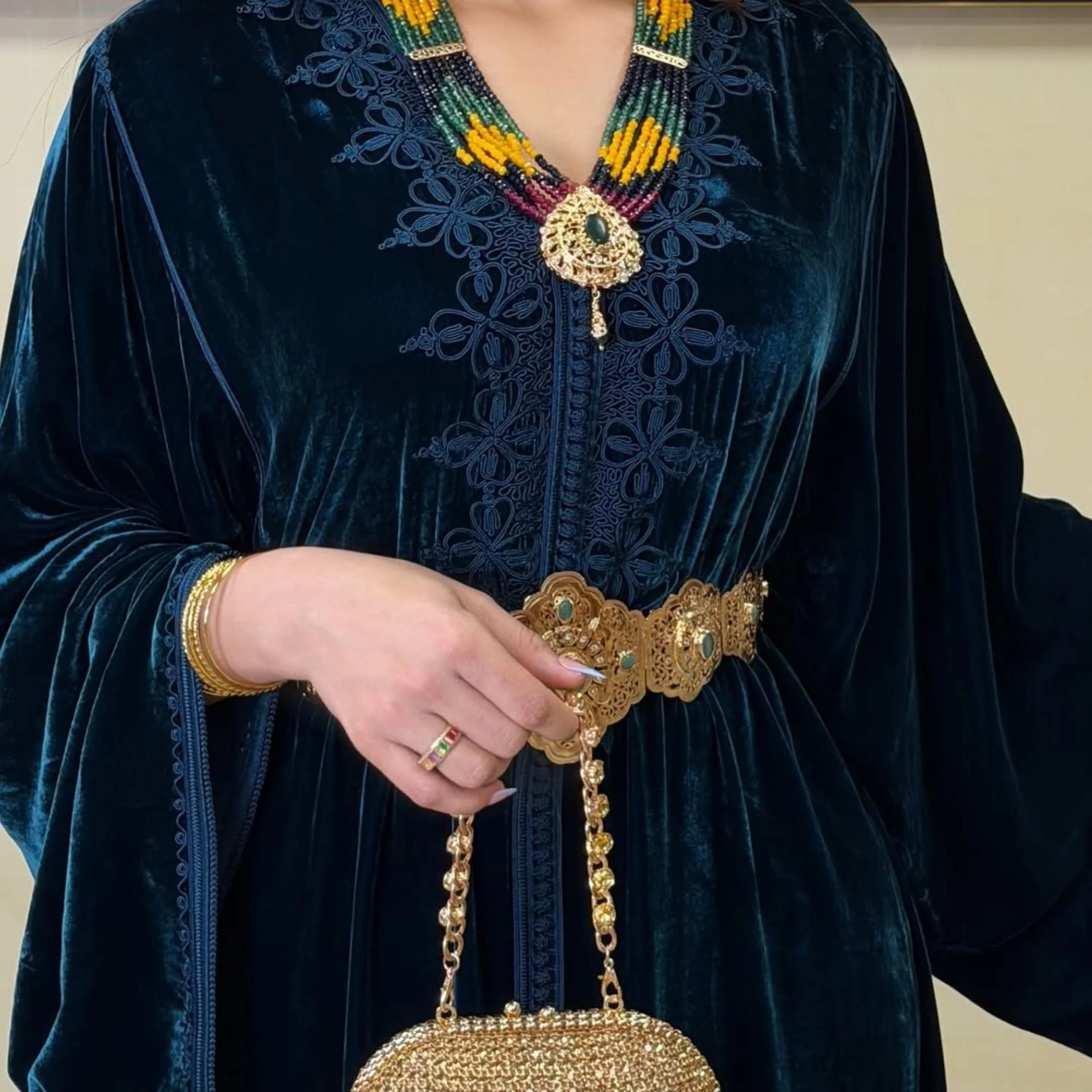100% silk velvet Moroccan caftan, Embroidered Summer kaftan, Eid Abaya, Arabic dress. - image 4