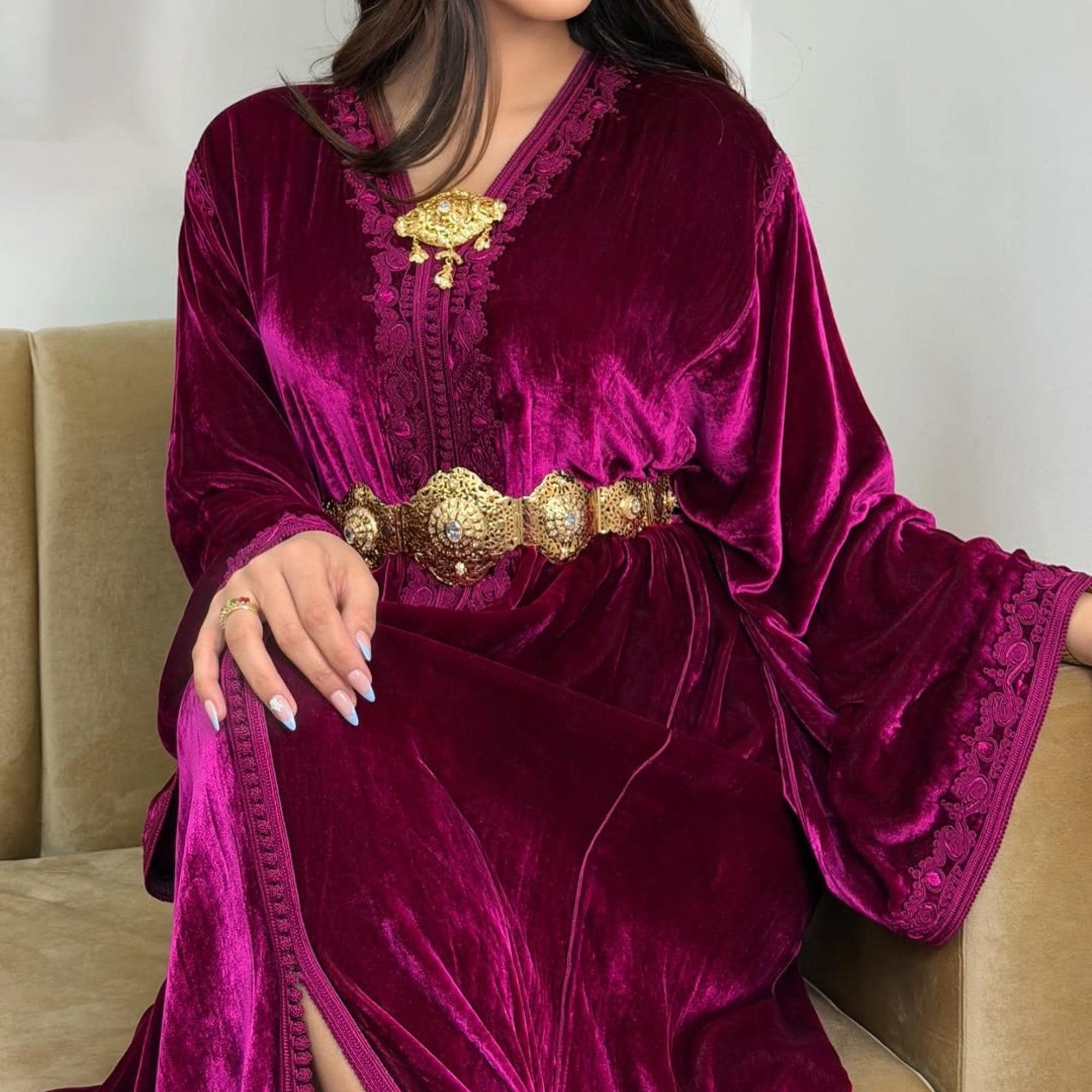 100% silk velvet Moroccan caftan, Embroidered Summer kaftan, Eid Abaya, Arabic dress. - image 5