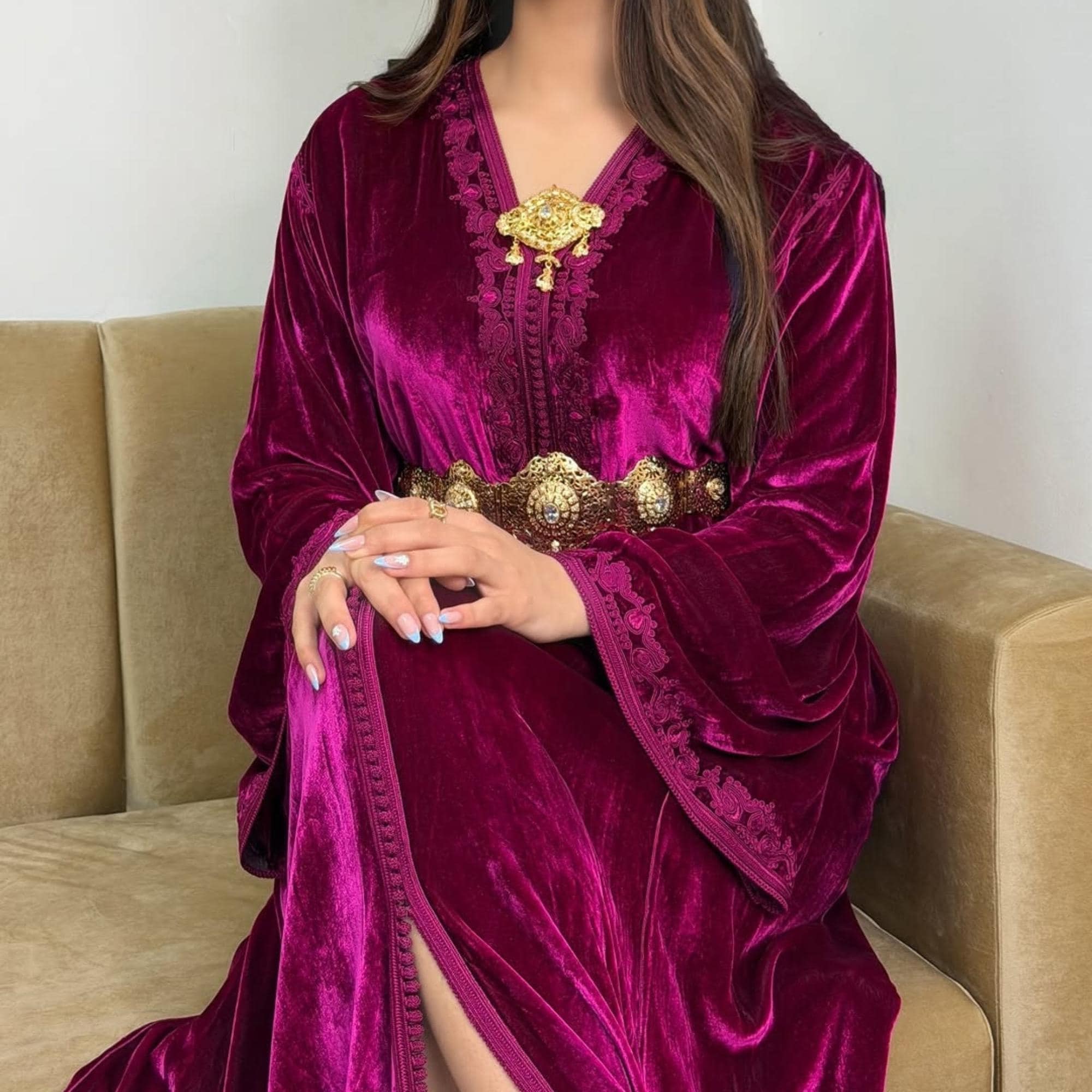 100% silk velvet Moroccan caftan, Embroidered Summer kaftan, Eid Abaya, Arabic dress. - image 3