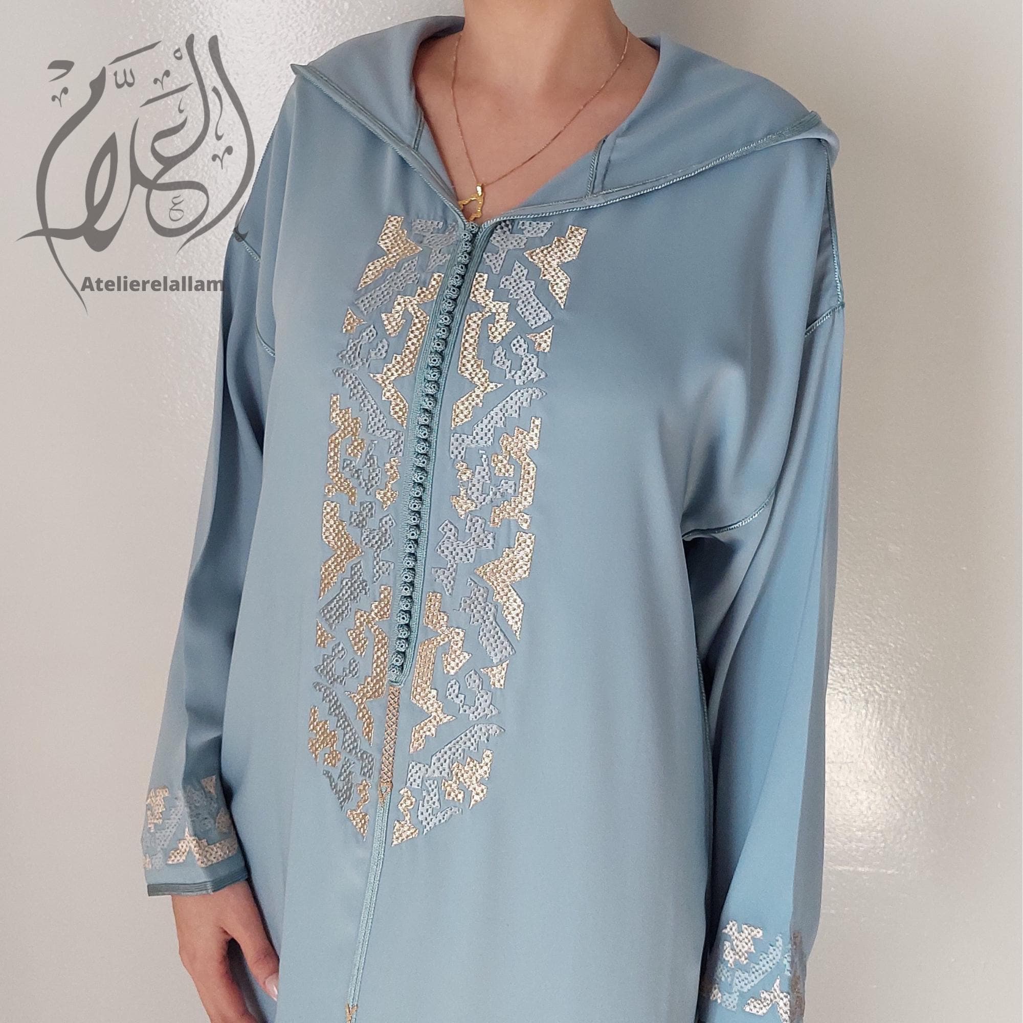 Moroccan ramadan blue jellaba, Trendy cross stitch embroidery djellaba, Moroccan dress for Eid al fitr 2026, Hooded caftan, Gift for her. - image 3