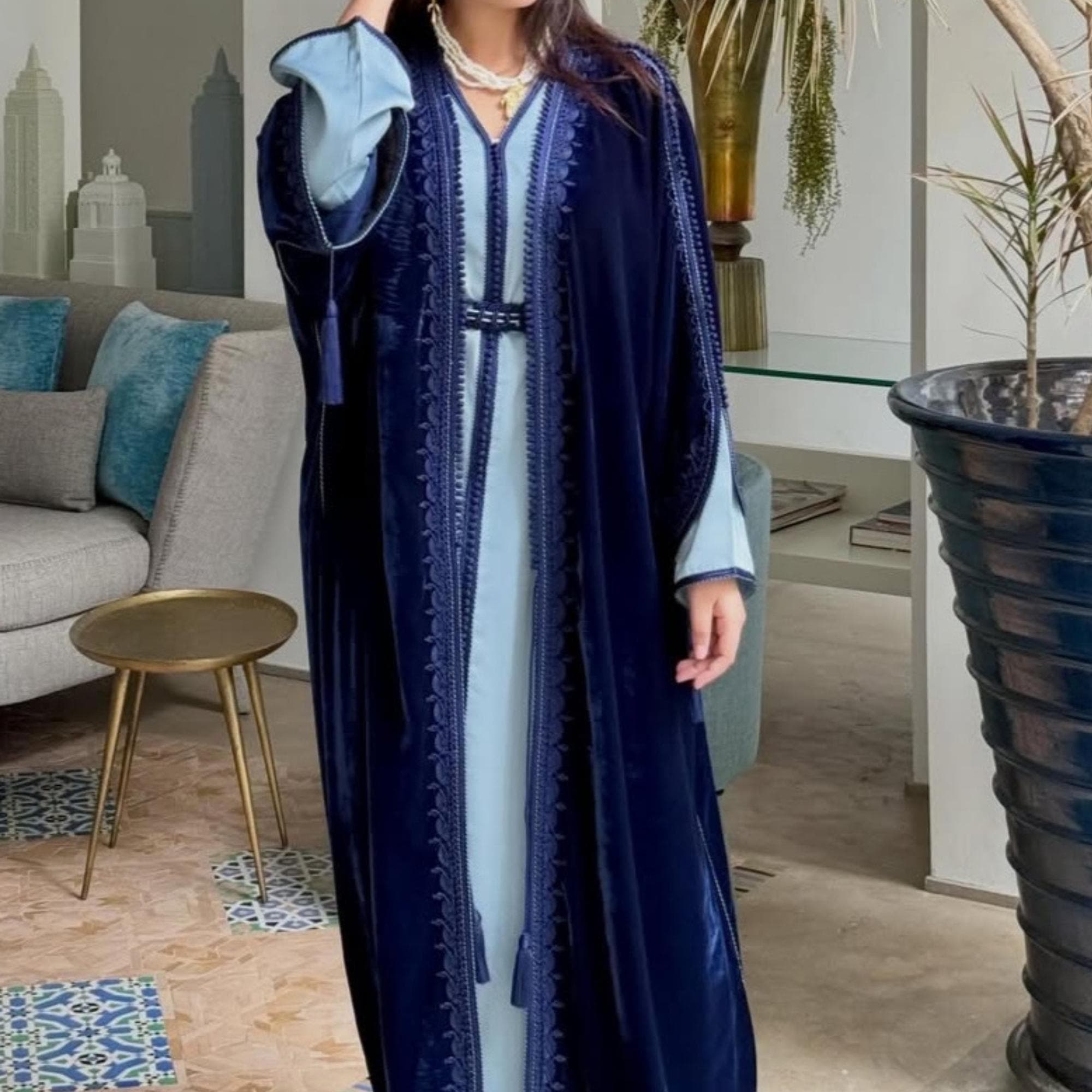 Moroccan blue Caftan – Elegant Embroidered Farasha Dress – Takchita Style Kaftan for Eid, Henna, or Special Events - 2 pieces Abaya - image 2