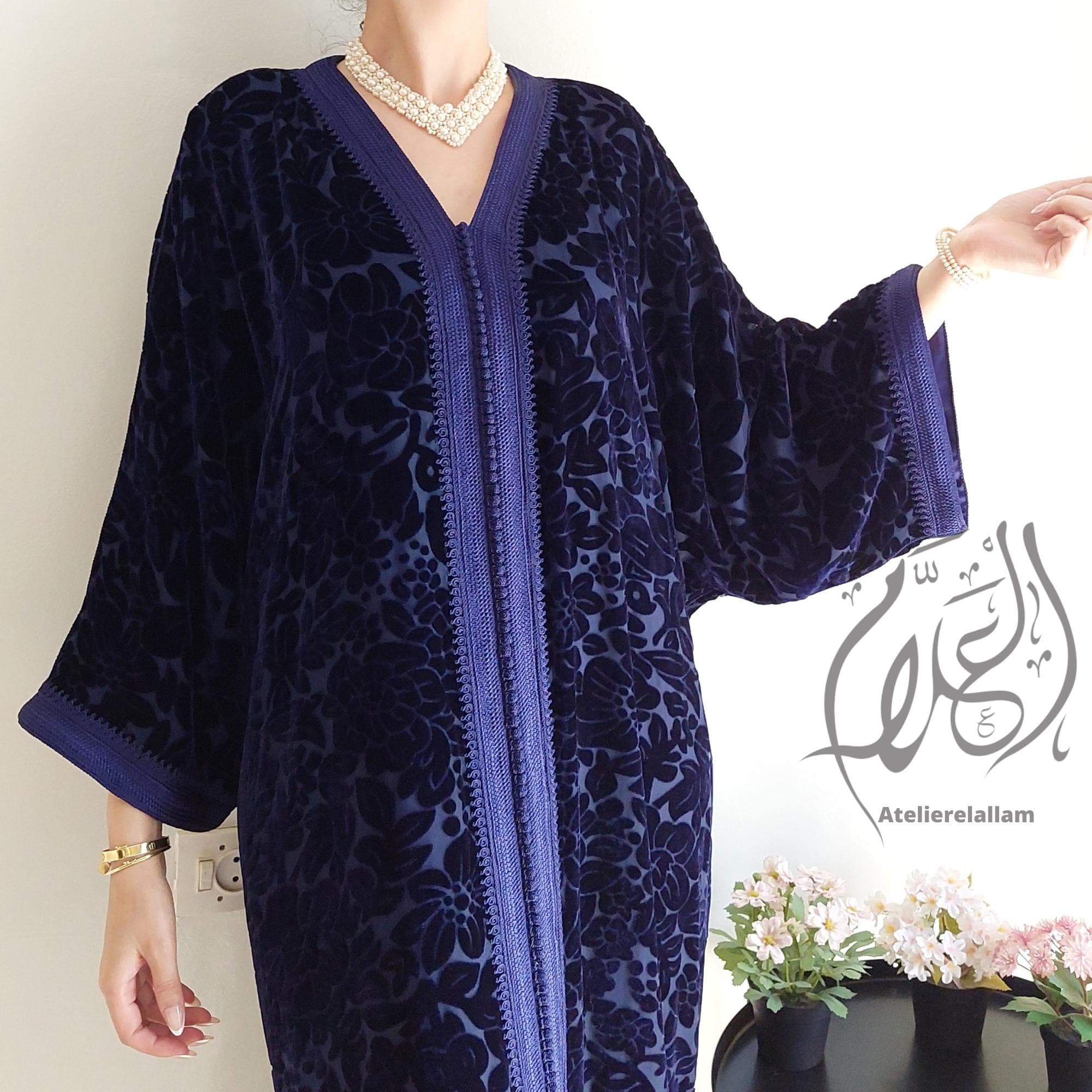Classy silk velvet blue caftan, Ramadan 2026 Gandoura, Moroccan fall-winter dress, Farasha dress for Eid, Abaya, Arabic dress, Gift for her - image 5