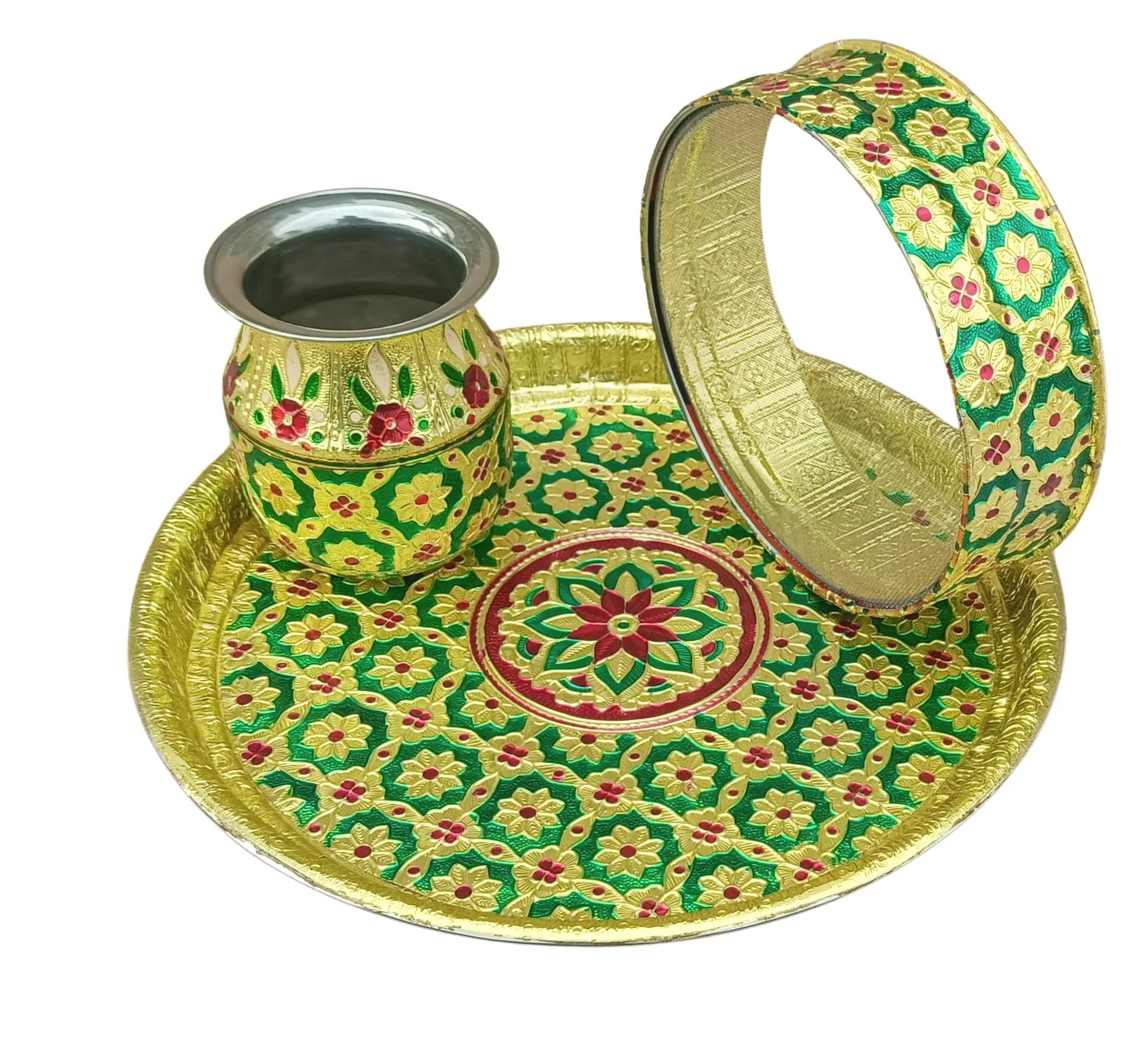 Handcrafted Meenakari Karwa Chauth Thali Set, Indian Pooja Gift - image 3