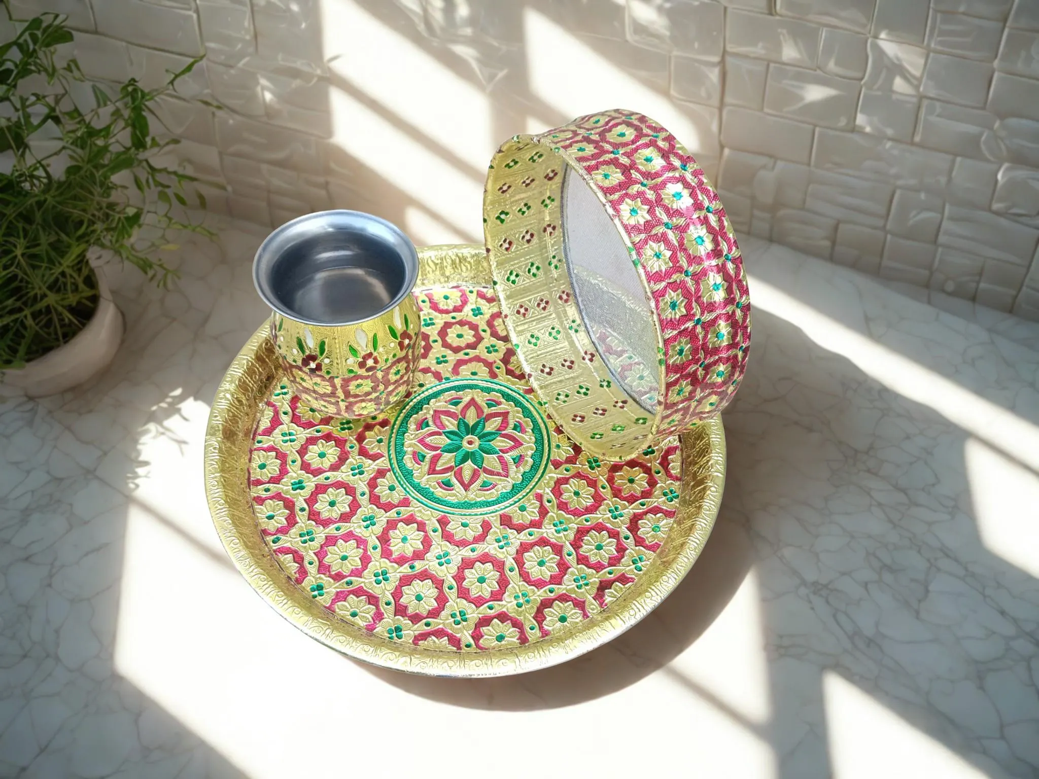 Handcrafted Meenakari Karwa Chauth Thali Set, Indian Pooja Gift - image 2