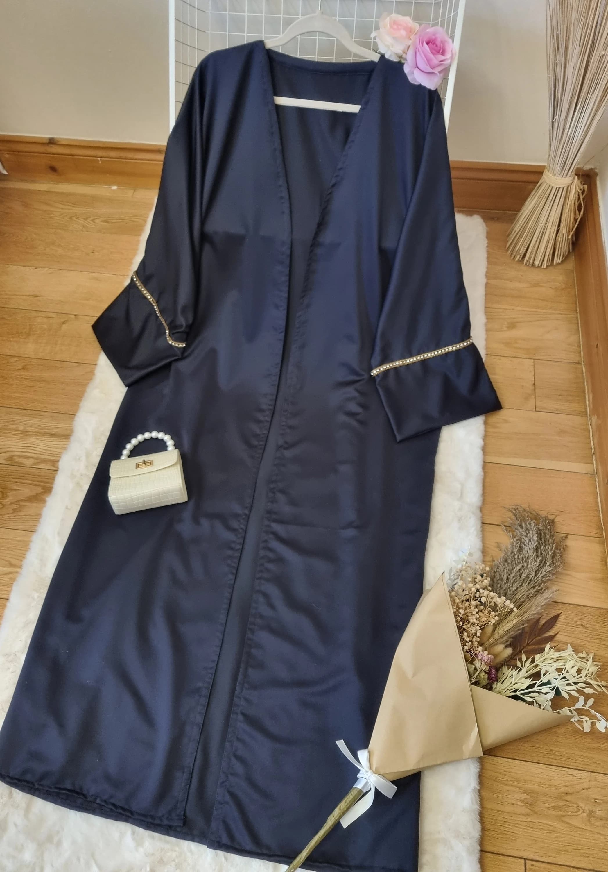 Navy Blue Satin Islamic Abaya Dress, Navy Blue Satin Luxury Abaya, Open Islamic Abaya, Eid Abaya, Wedding Abaya - image 5
