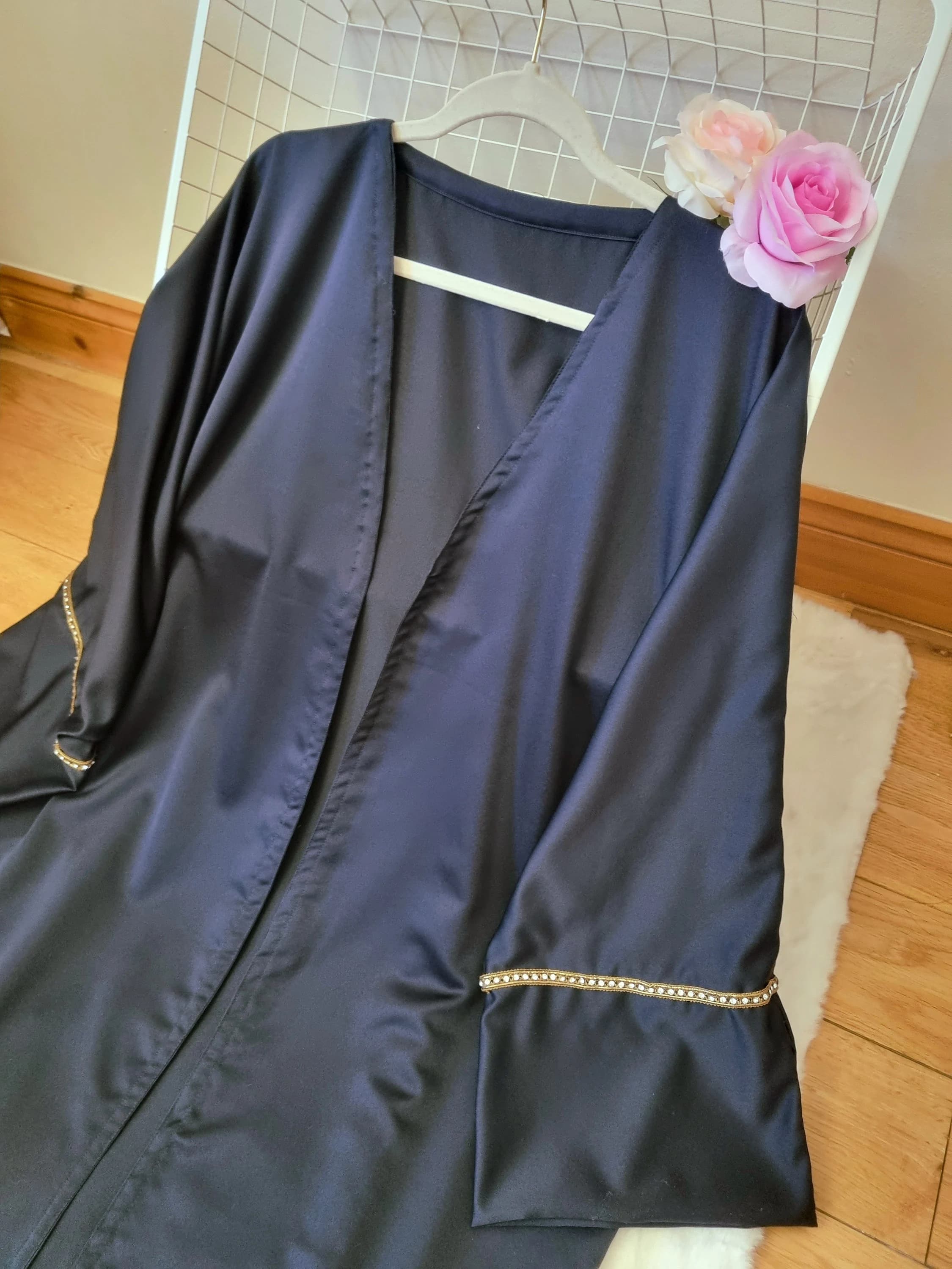 Navy Blue Satin Islamic Abaya Dress, Navy Blue Satin Luxury Abaya, Open Islamic Abaya, Eid Abaya, Wedding Abaya - image 3
