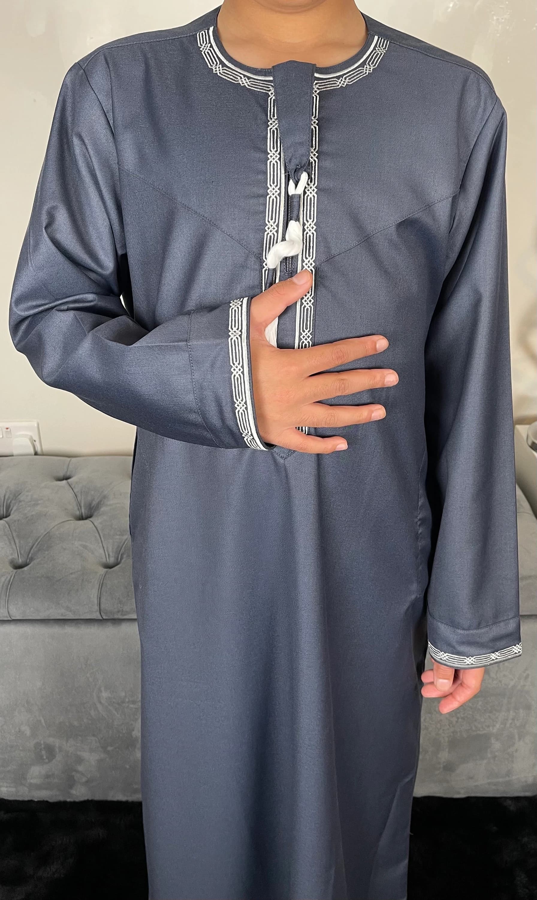 Boys Stone Blue Embroidered Omani Thobe - image 4