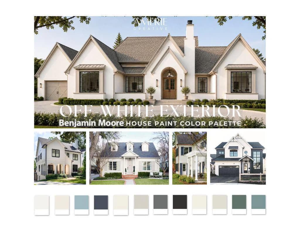 Off-White Exterior Benjamin Moore paint color palette Exterior house paint color cream warm white exterior paint color blue green off-black