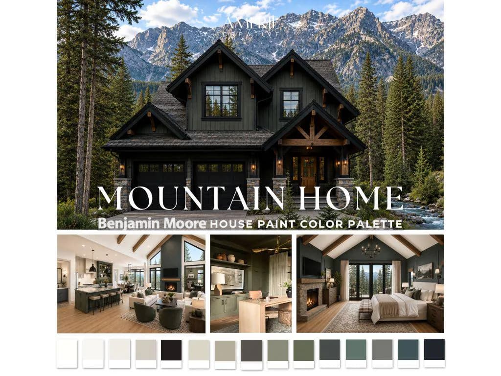 Mountain Home Color Palette Benjamin Moore paint palette Modern Mountain house paint colors dark exterior neutral paint colors 2026