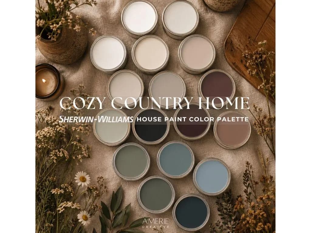 Cozy Country House Paint Color Palette Sherwin Williams Whole home paint color scheme dark green gray blue warm neutral paint colors 2026
