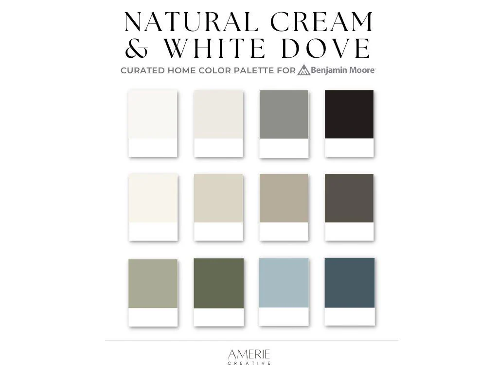 Natural Cream Benjamin Moore paint color palette Whole house paint color scheme warm neutral paint colors blue gray green paint white dove