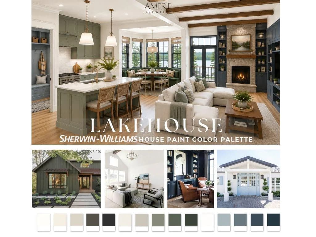 Lakehouse Paint Color Palette Sherwin Williams Modern Coastal house paint color scheme gray blue green grey warm neutral paint colors 2026