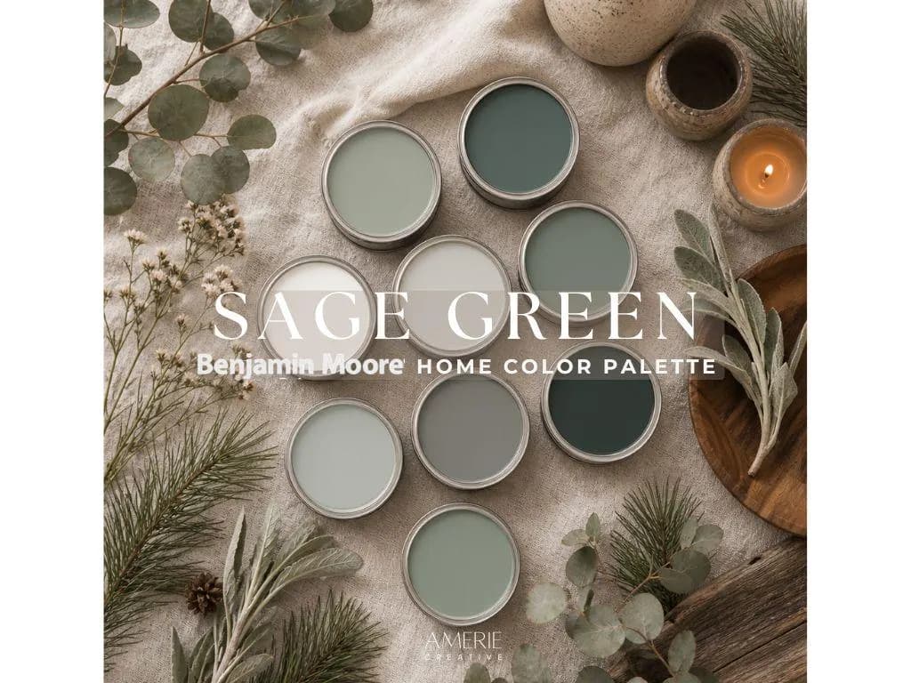 Sage Green Benjamin Moore paint palette | Whole house paint color scheme earthy neutral paint colors dark green grey green paint colors