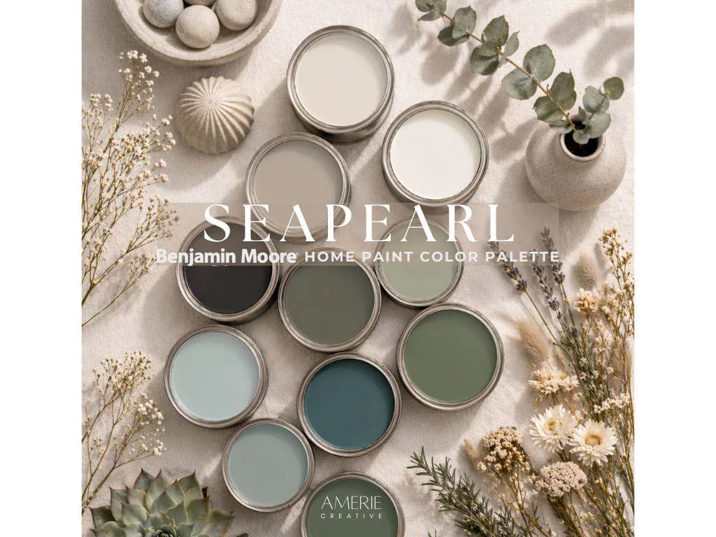 China White Benjamin Moore paint palette Seapearl Whole home paint color scheme calm blue grey green paint cozy neutral paint colors