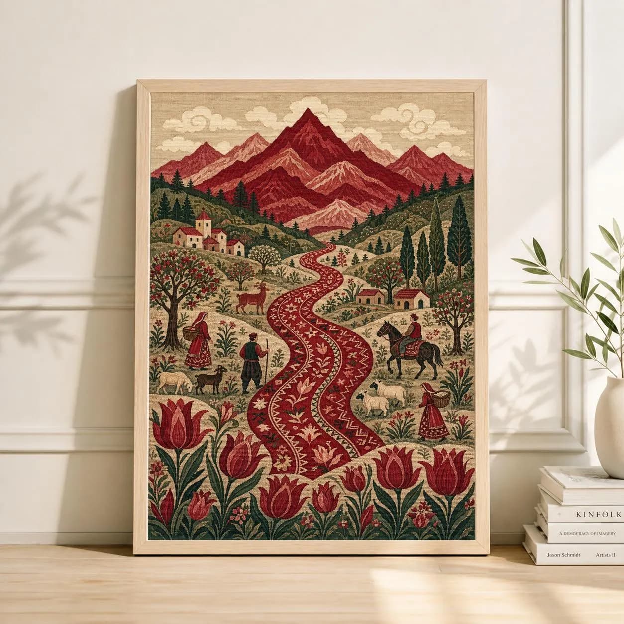 Palestinian Folk Art Poster, Middle Eastern Village Olive Tree Print, Vintage Naive Landscape