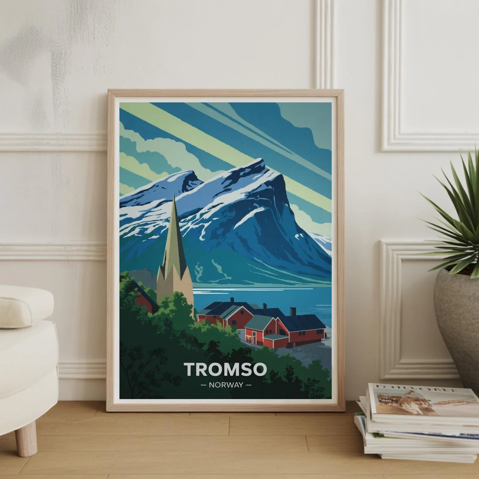 Tromso Norway Travel Poster: Northern Lights, Arctic Cathedral, Fjords Retro Art