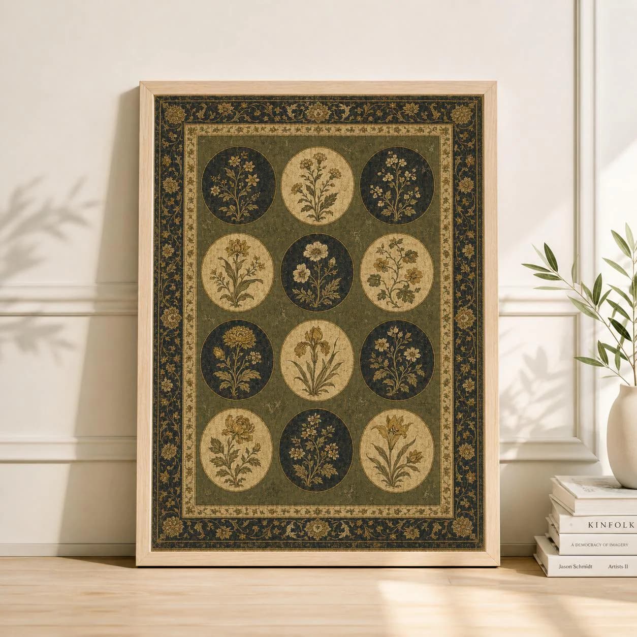 Green Botanical Pattern Poster, Vintage Floral Medallion Illustration, Decorative Wall Art