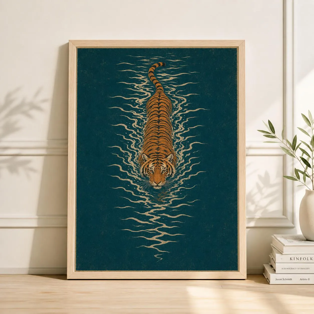 Japanese Tiger Art Print, Teal Oriental Zen Wall Decor, Woodblock Style Swimming Tiger Poster