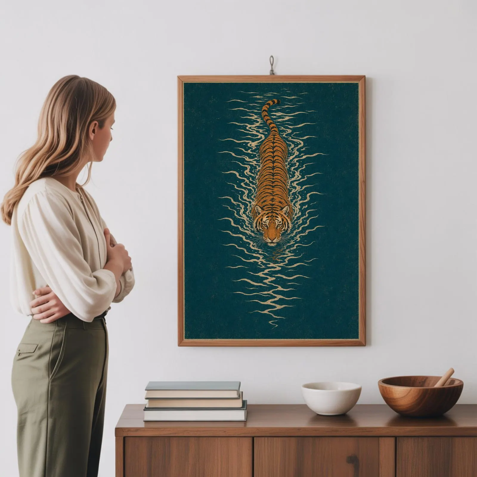 Japanese Tiger Art Print, Teal Oriental Zen Wall Decor, Woodblock Style Swimming Tiger Poster - image 5
