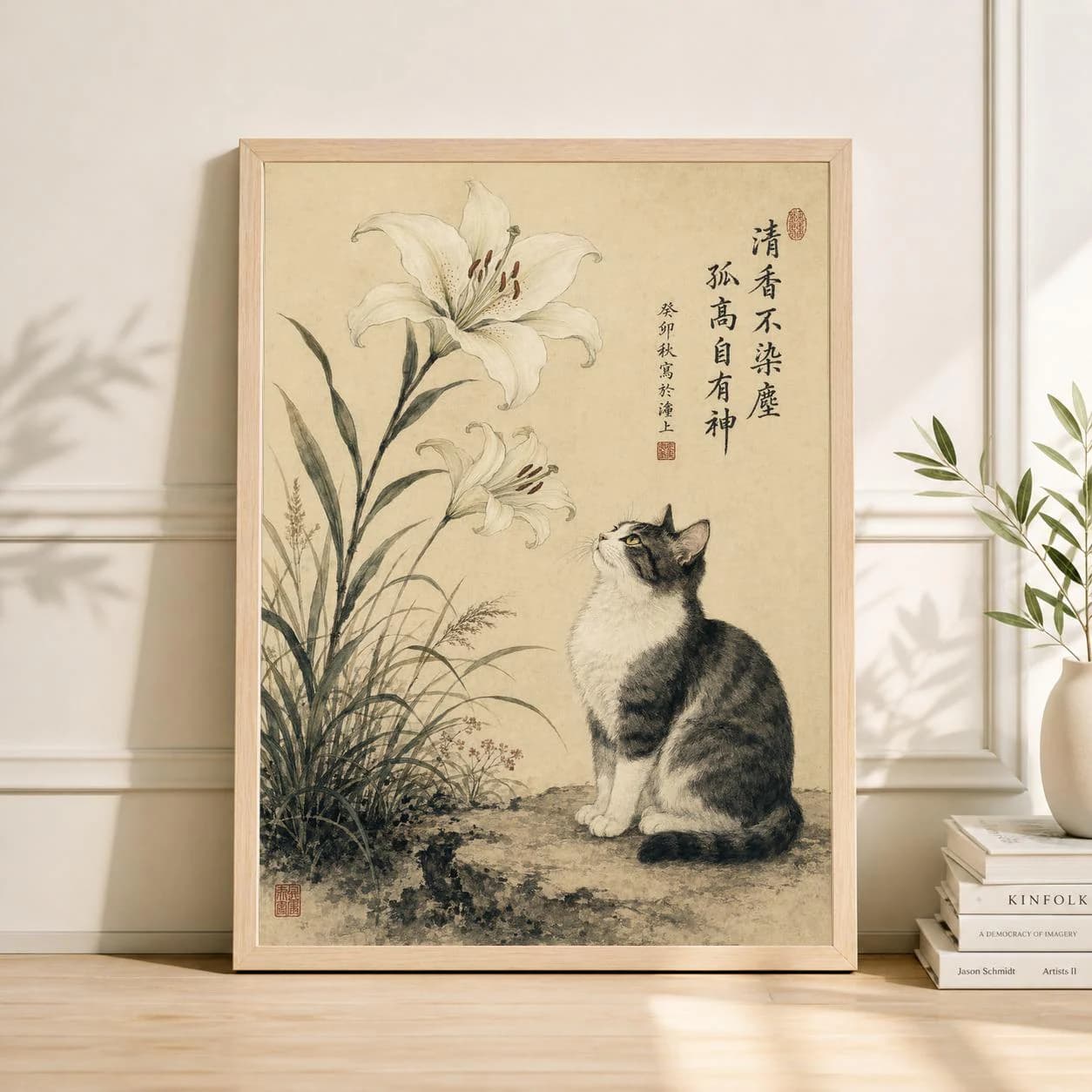 Vintage Japanese Cat Lily Print, Traditional Asian Wall Art, Zen Decor (Digital Download)