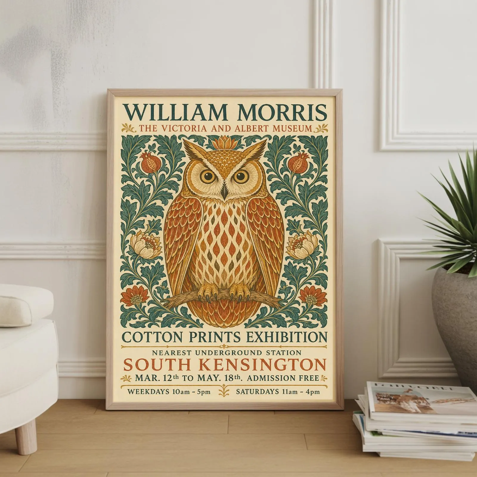 William Morris Owl Art Print, Vintage Botanical Arts and Crafts Poster