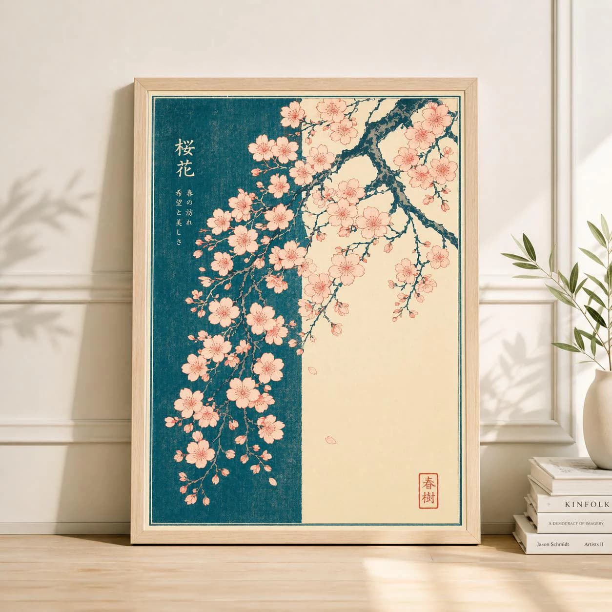 Sakura Cherry Blossom Poster | Japanese Minimalist Botanical Wall Art | Teal Cream Floral Print