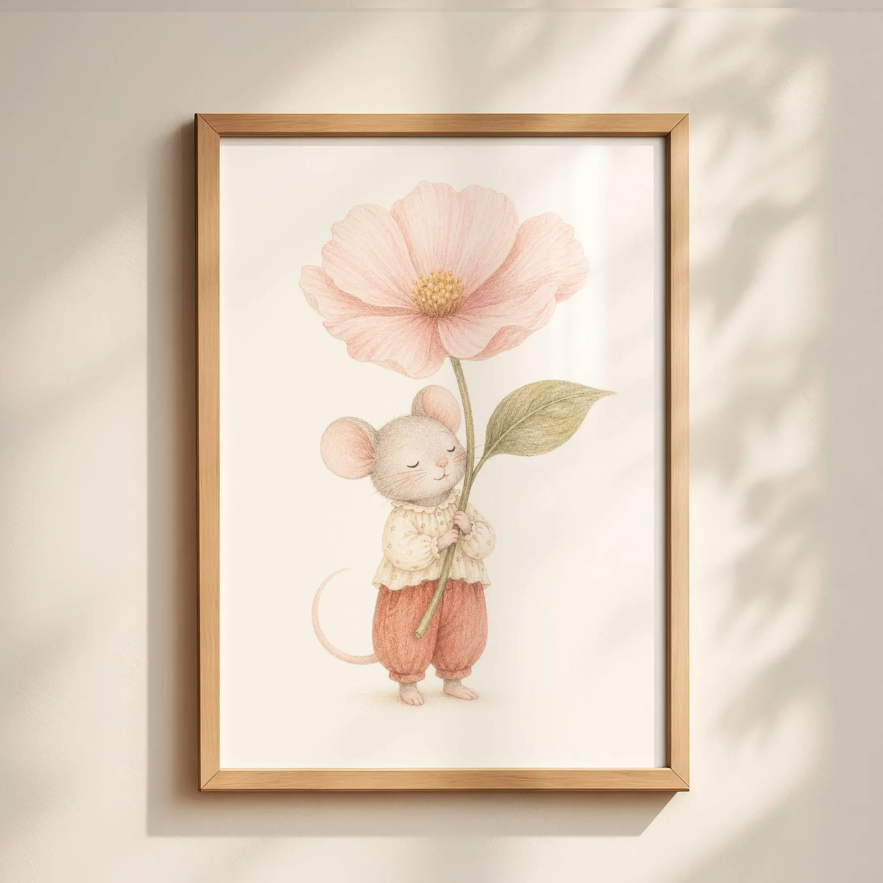 Mouse With Pink Flower Nursery Poster, Whimsical Animal Wall Art, Kids Room Decor