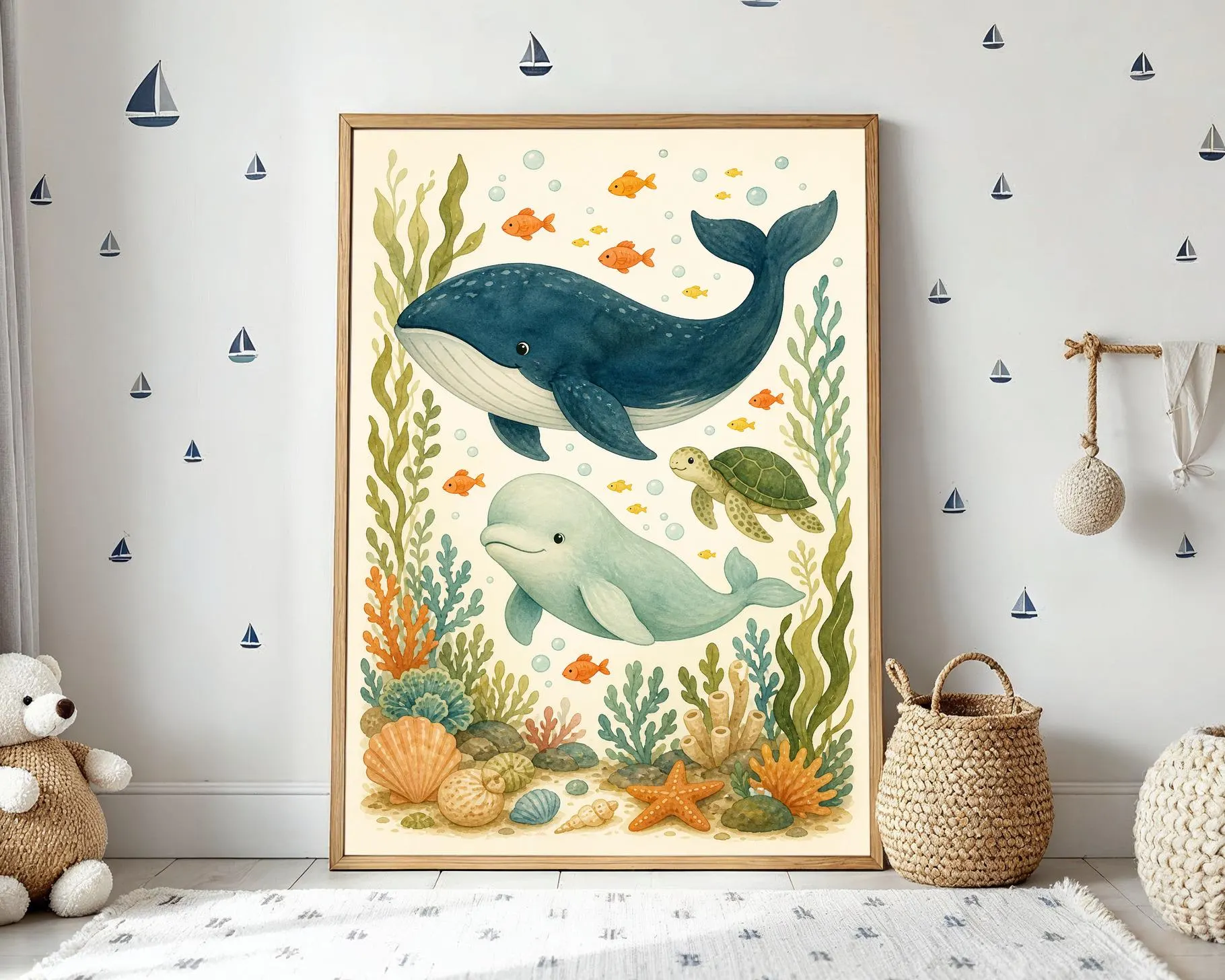 Under the Sea Nursery Print, Whale and Turtle Illustration, Coastal Nursery Decor