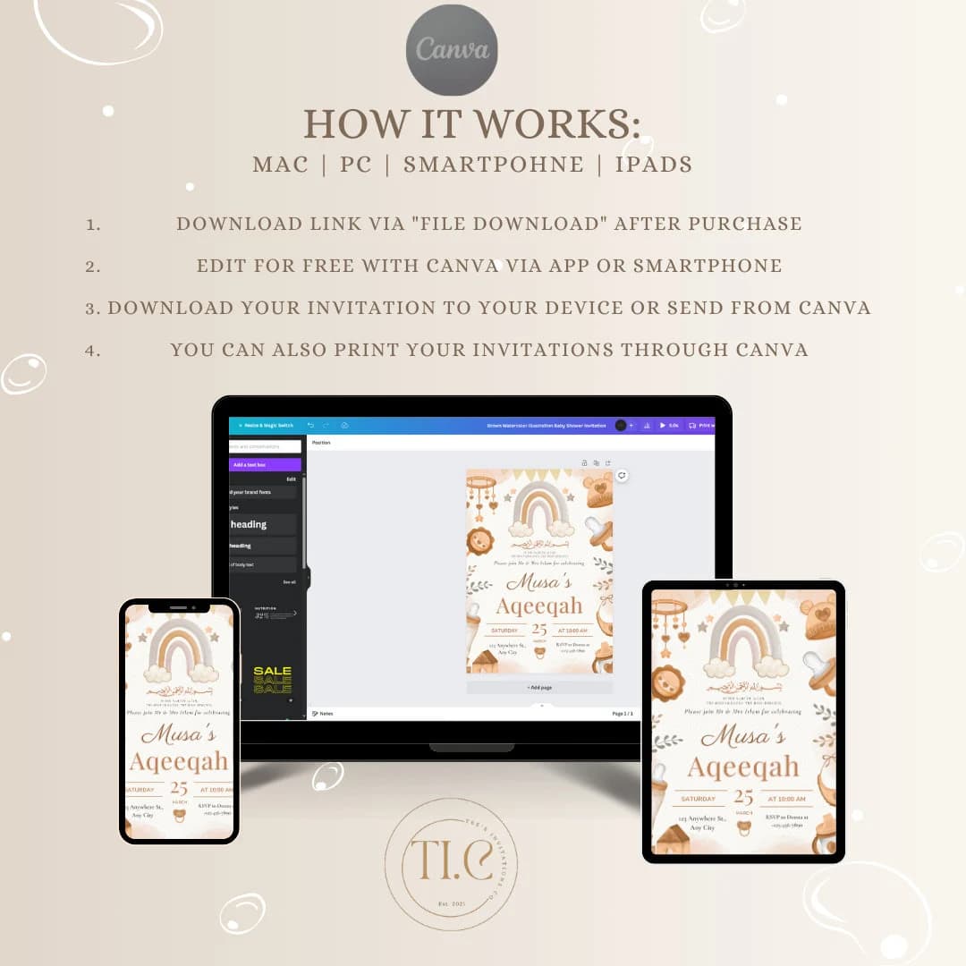 Editable Islamic Brown Watercolor Aqeeqah Invitation Digital Download, Birth Announcement Invite - image 5