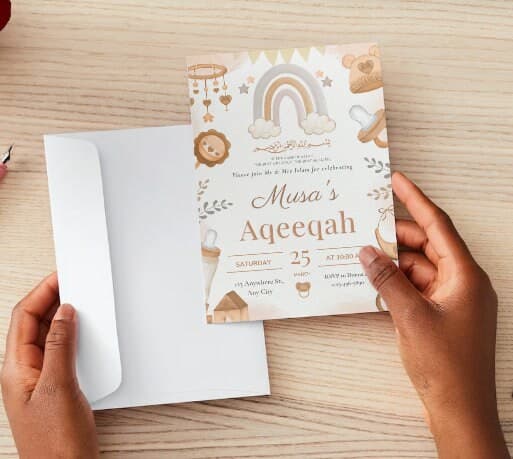 Editable Islamic Brown Watercolor Aqeeqah Invitation Digital Download, Birth Announcement Invite - image 3