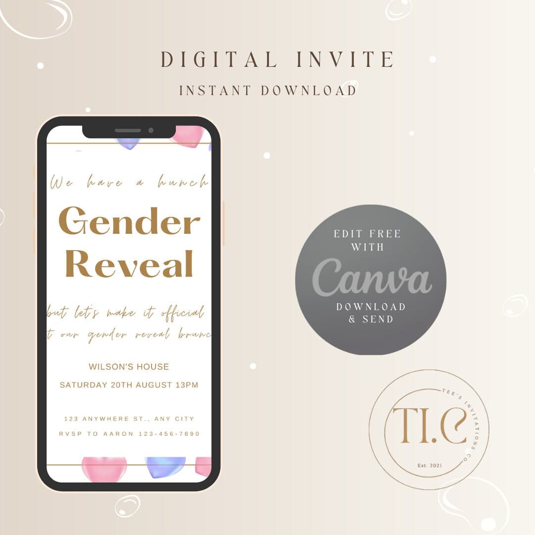 Editable Digital Download Pink And Blue Love Hearts Elegant Bright Gender Reveal Invitation Template - image 3