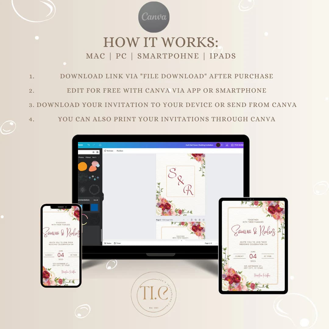 Dark Red Floral Wedding Invitation Template (Digital Download) - image 3