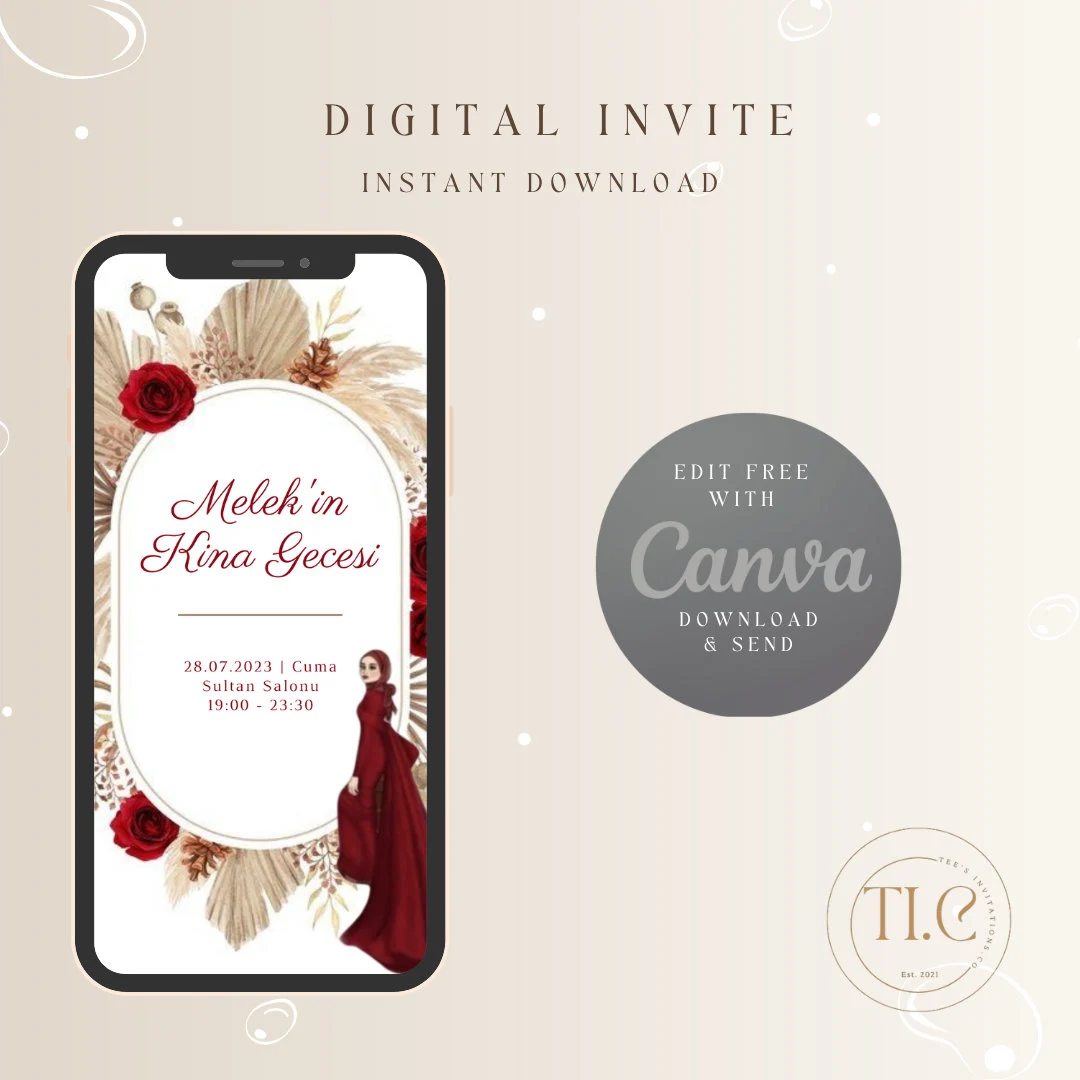 Floral Henna Night Invitation: Turkish Kina Gecesi, Editable (Digital Download) - image 3