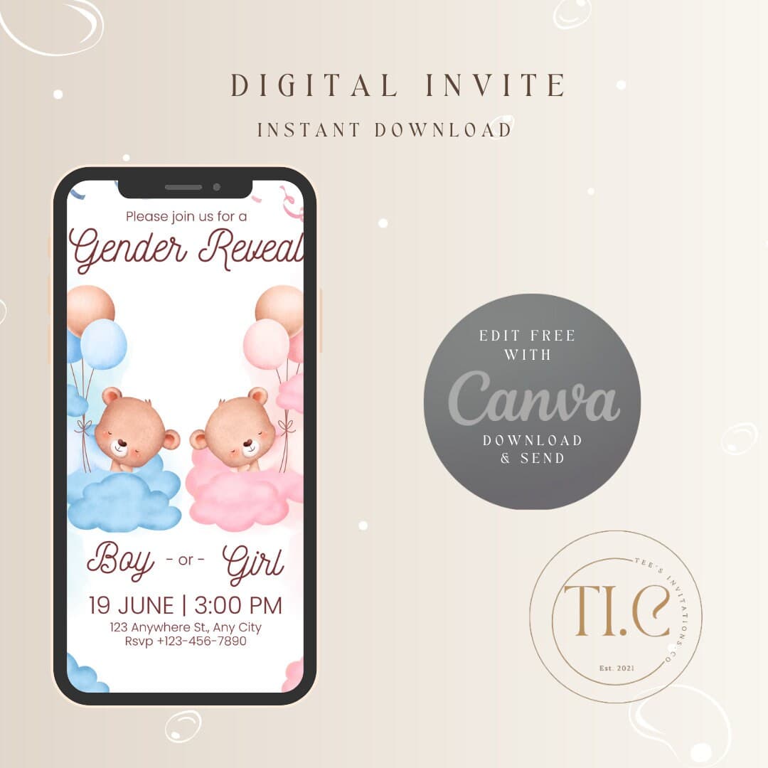 Watercolor Bears Gender Reveal Invitation Template (Digital Download) - image 3
