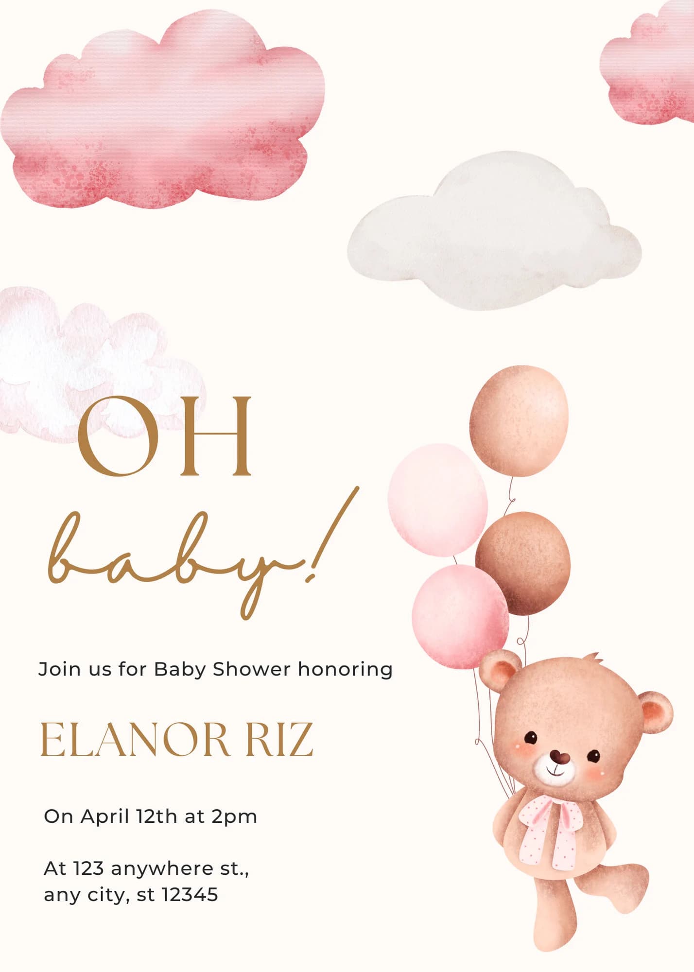 Editable Digital Download Oh Baby Girl Baby Shower Invitation with Balloons and Bear Template - image 5