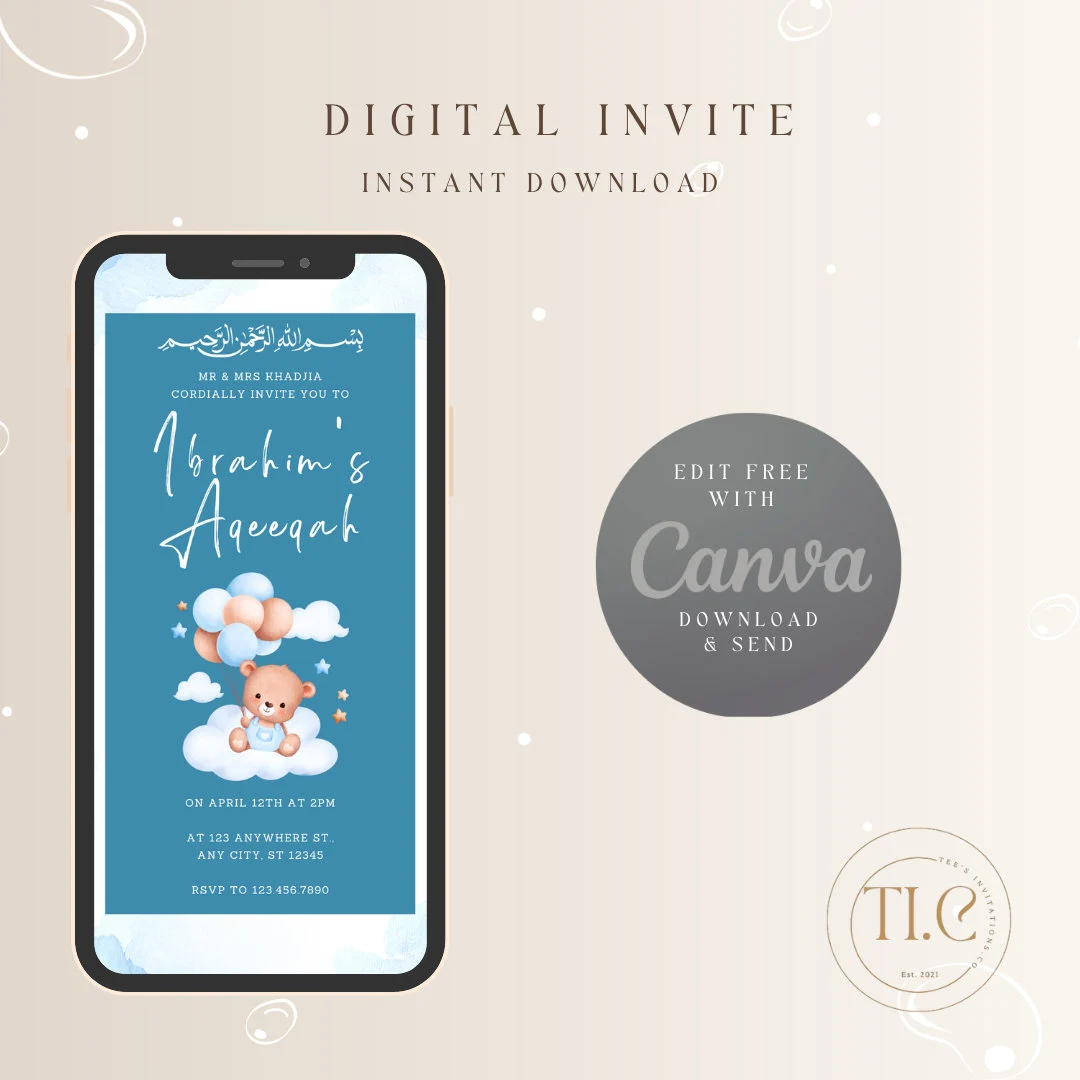 Editable Islamic Unisex Aqeeqah Invitations Digital Download, Birth Announcement Invite, Blue Watercolor Aqiqah Evite - image 4