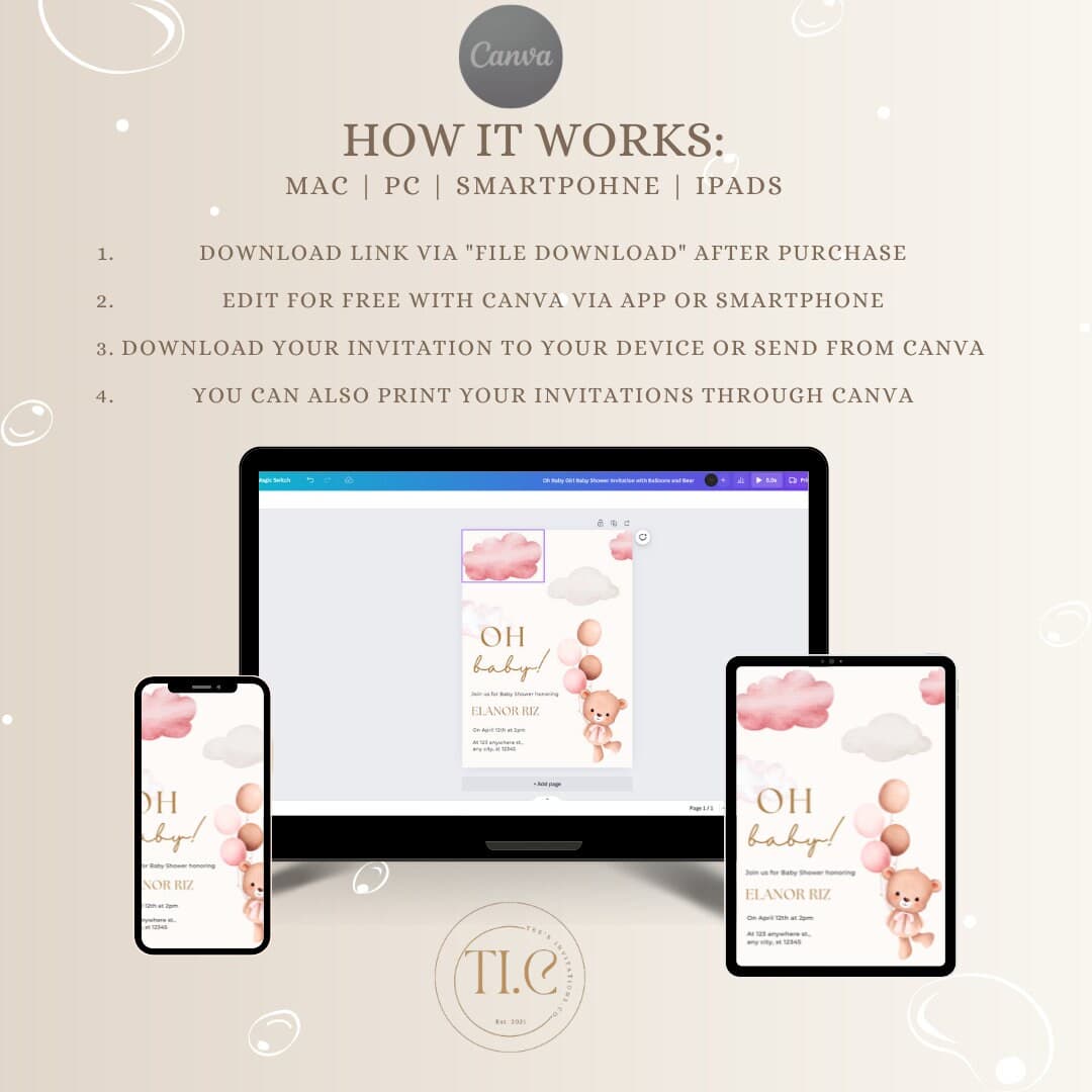 Editable Digital Download Oh Baby Girl Baby Shower Invitation with Balloons and Bear Template - image 4