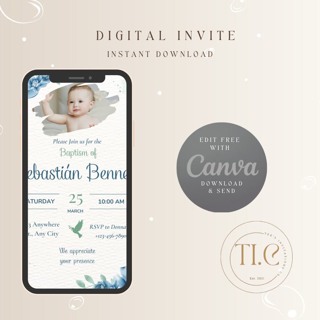 Blue Floral Baptism Invitation Template: Editable Digital Download - image 3