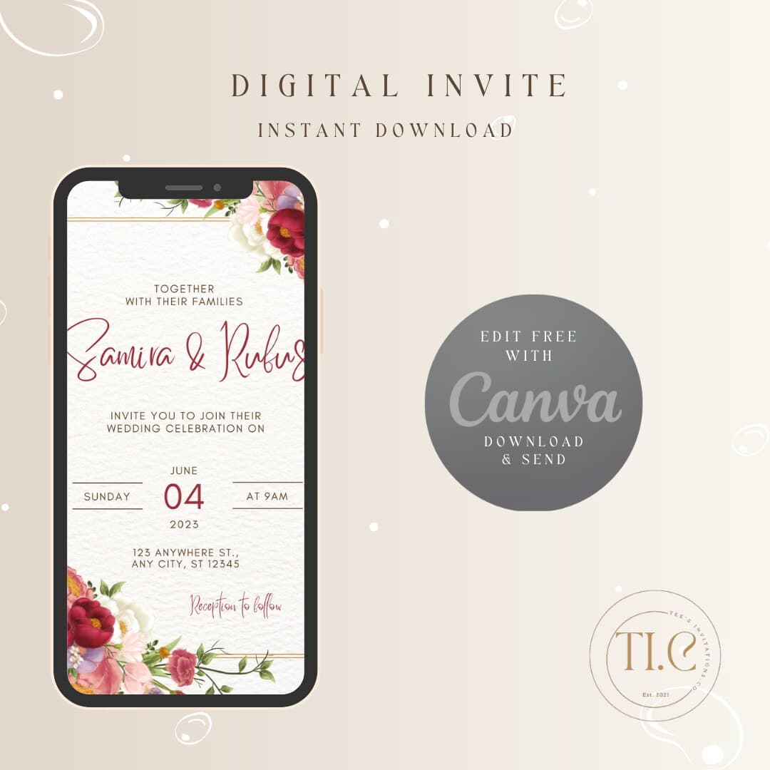 Dark Red Floral Wedding Invitation Template (Digital Download) - image 4