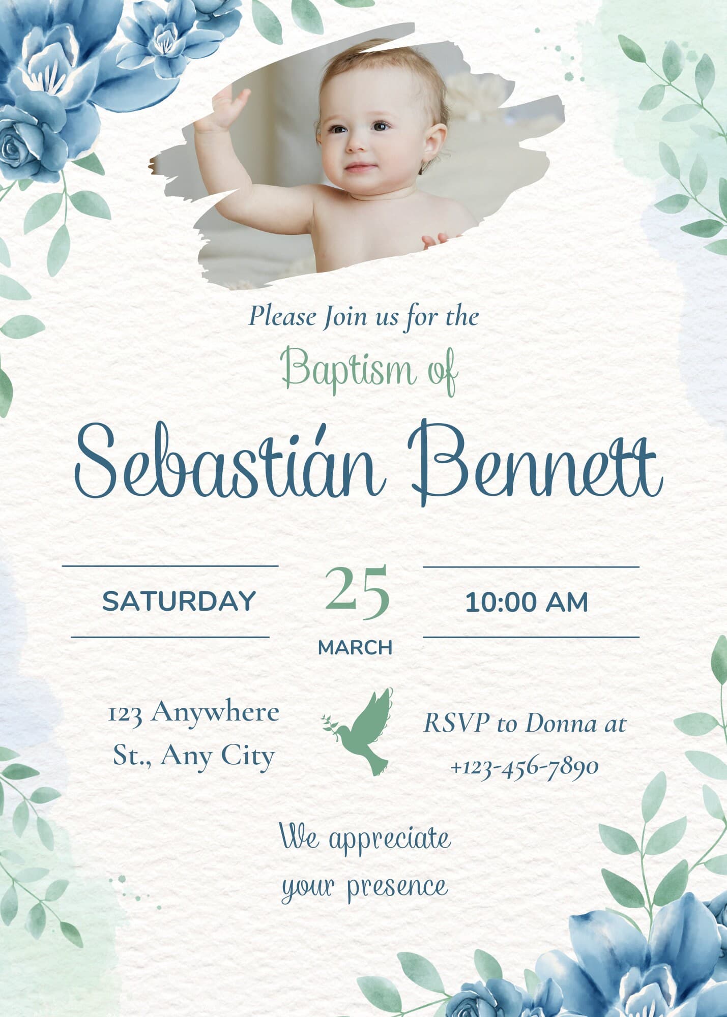 Blue Floral Baptism Invitation Template: Editable Digital Download - image 5