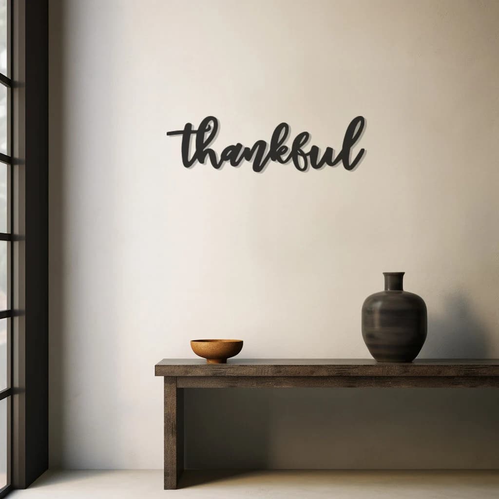 Thankful Metal Wall Art, Grateful Design, Inspirational Home Decor, Elegant Script Artwork, Positive Message Wall Accent, Unique Gift Idea