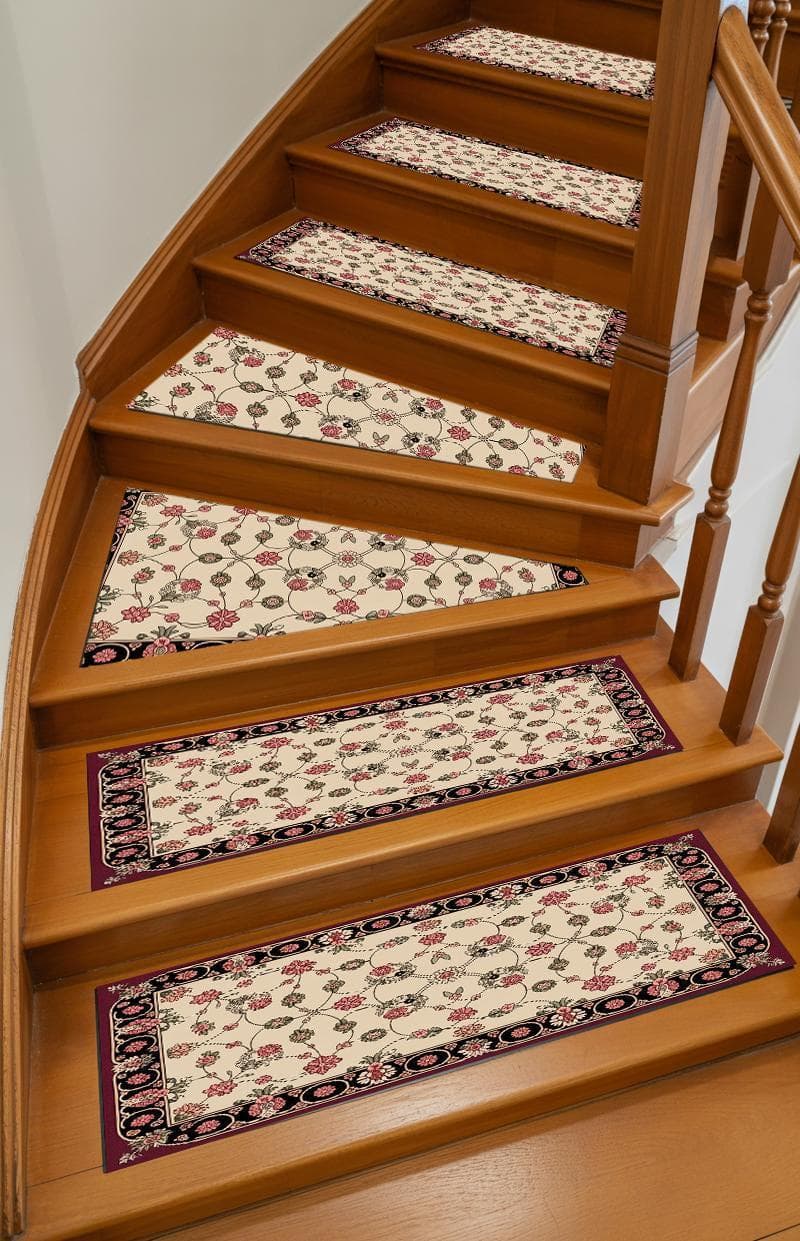 Floral cloud pattern stair runner rug featuring boho Turkish-inspired design with soft, non-slip surface. Perfect for indoor stair treads, steps, and stepping mats. Neutral floral tones enhance any home décor while providing comfort, safety, and elegant decorative charm.