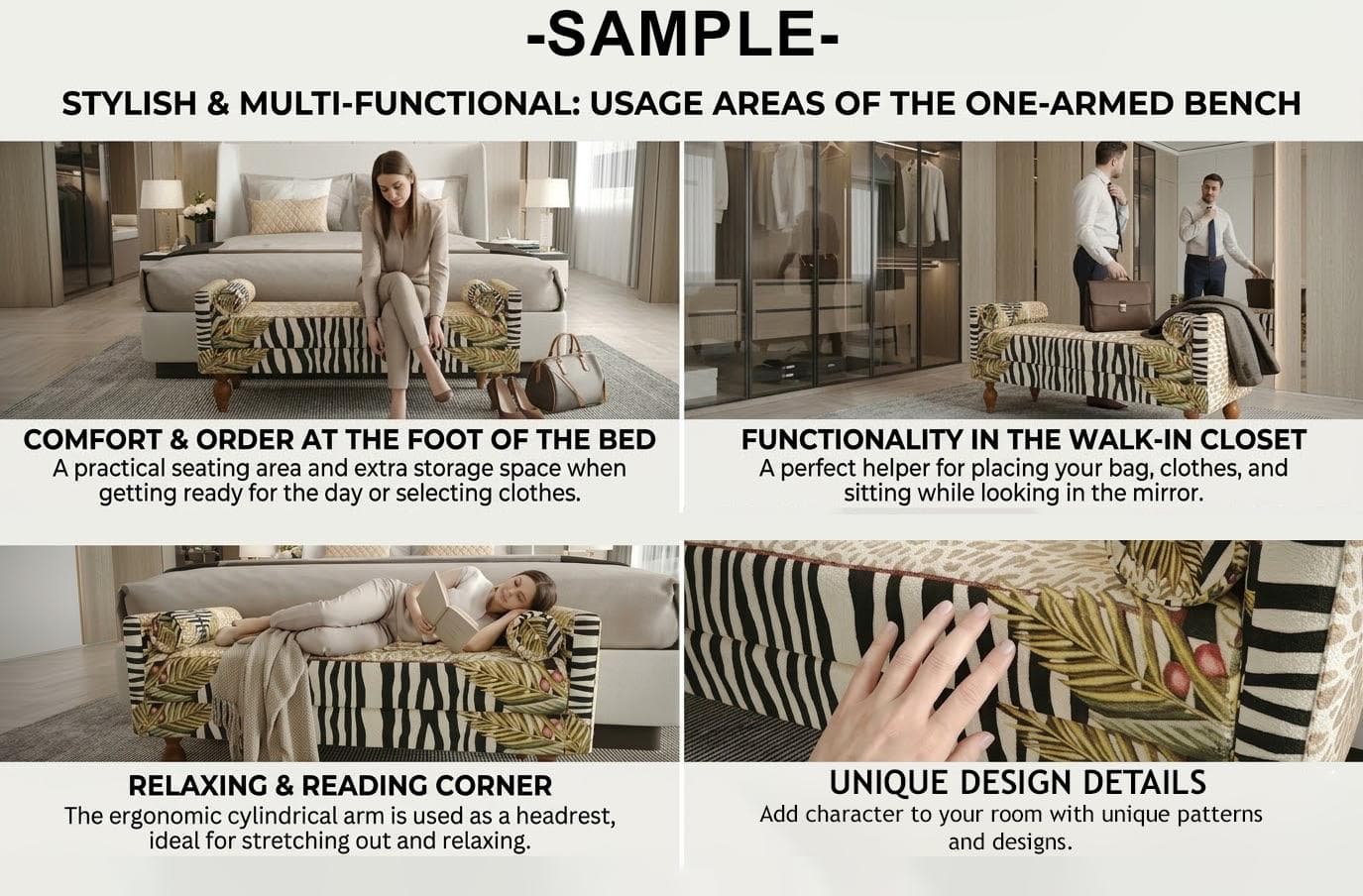 The image is a collage of four photos showcasing the stylish and multi-functional usage areas of a one-armed bench. The first photo shows the bench as a practical seating area and extra storage space, the second photo depicts the bench as a functional headrest and reading corner, the third photo highlights the bench's unique design details, and the fourth photo shows the bench as a relaxing and reading corner.