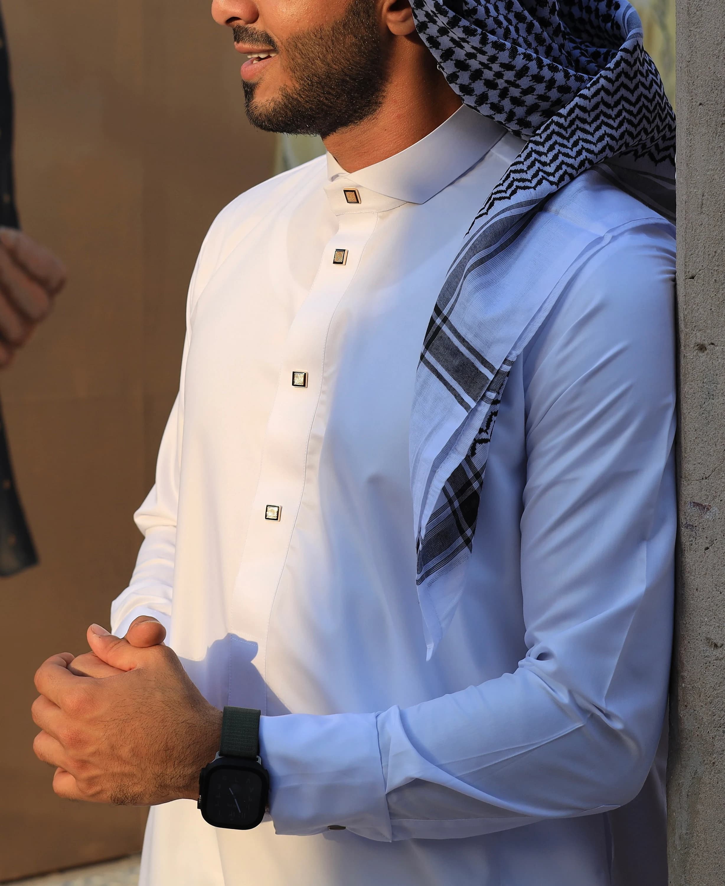 White Thobe for Men with Gold Buttons, Japanese Cotton Collar Jubba, Eid Nikah - image 2