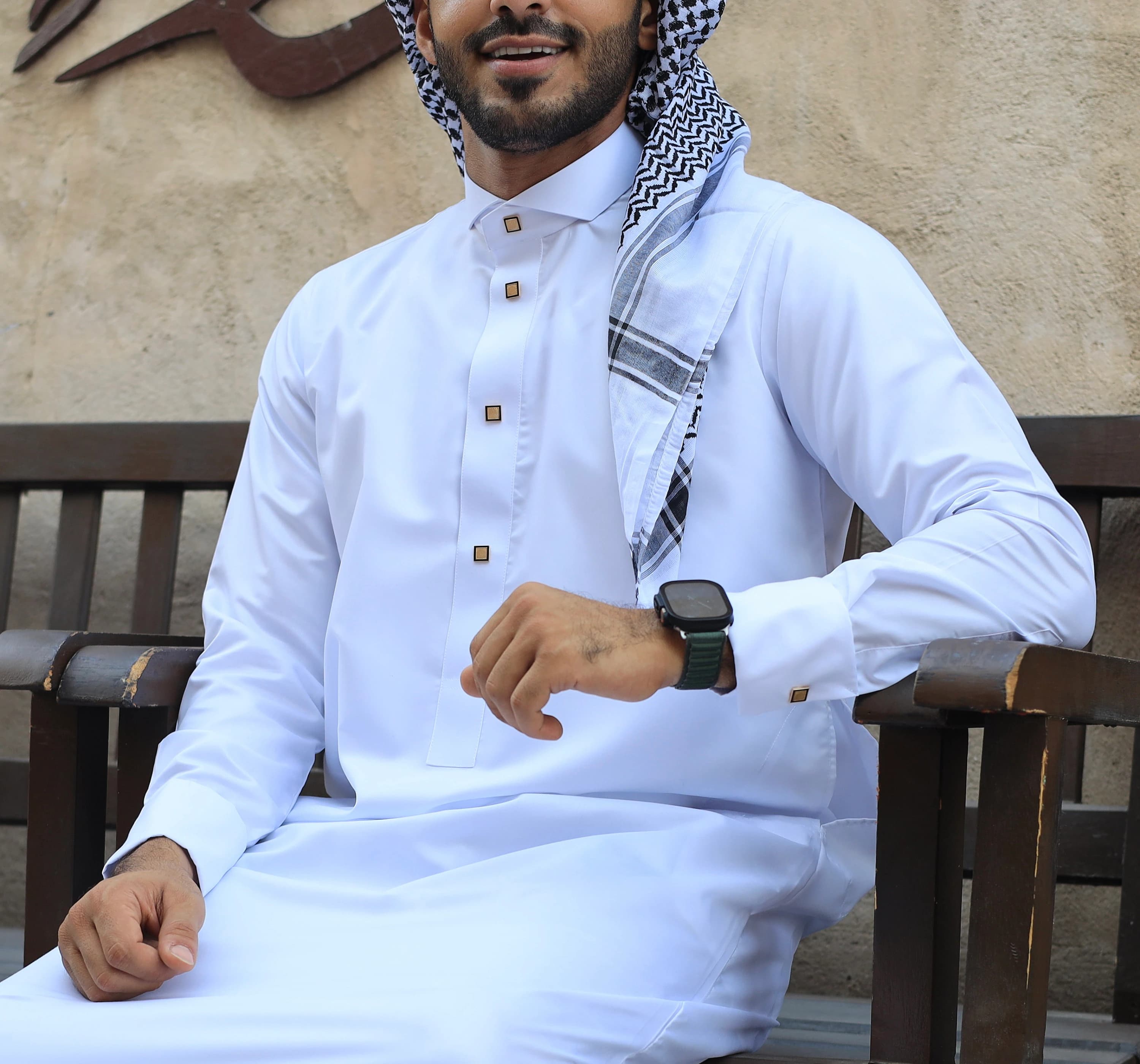 White Thobe for Men with Gold Buttons, Japanese Cotton Collar Jubba, Eid Nikah