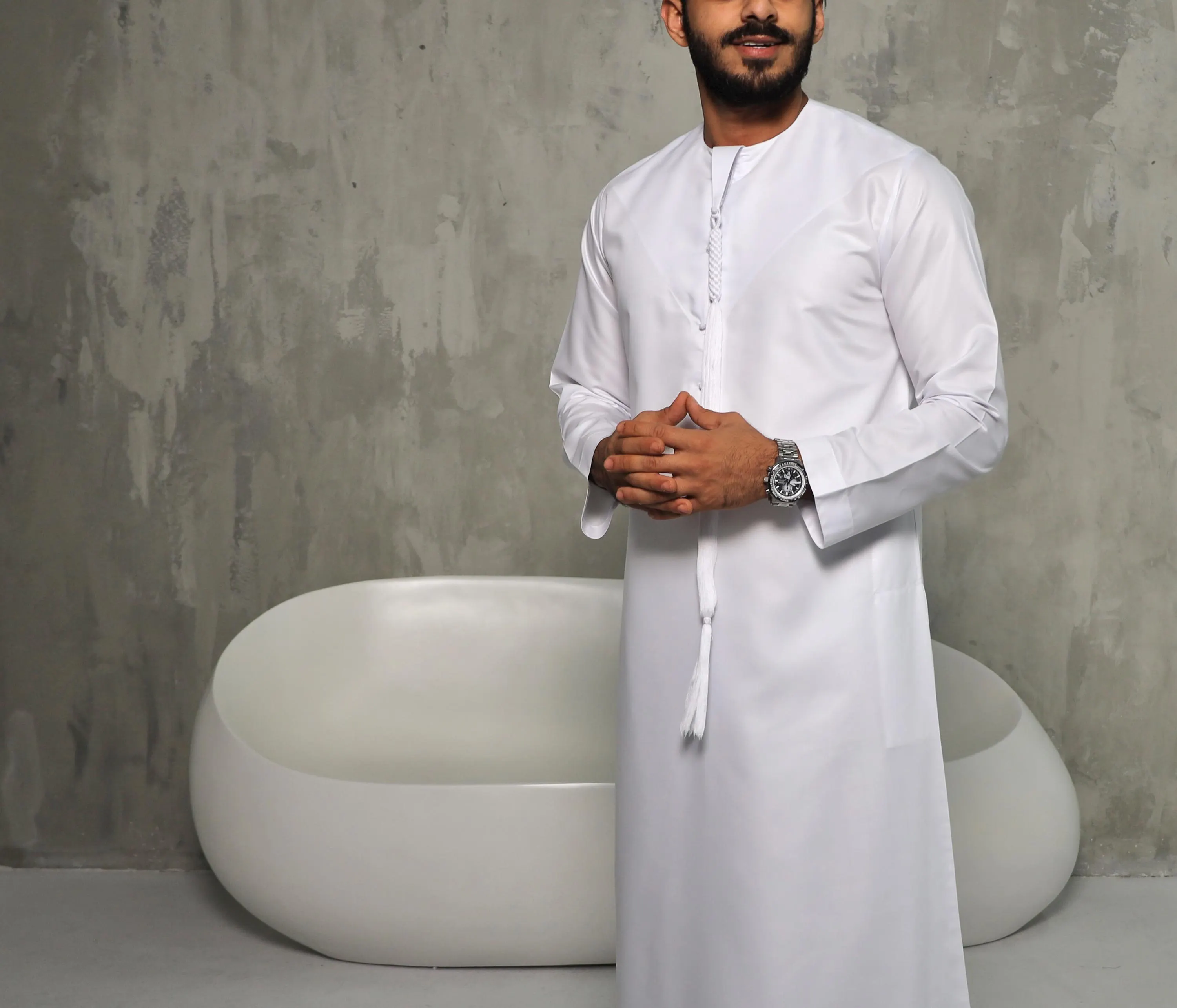 White Emirati Thobe for Men with Detachable Tassel, Japanese Cotton Kandura, Eid - image 4