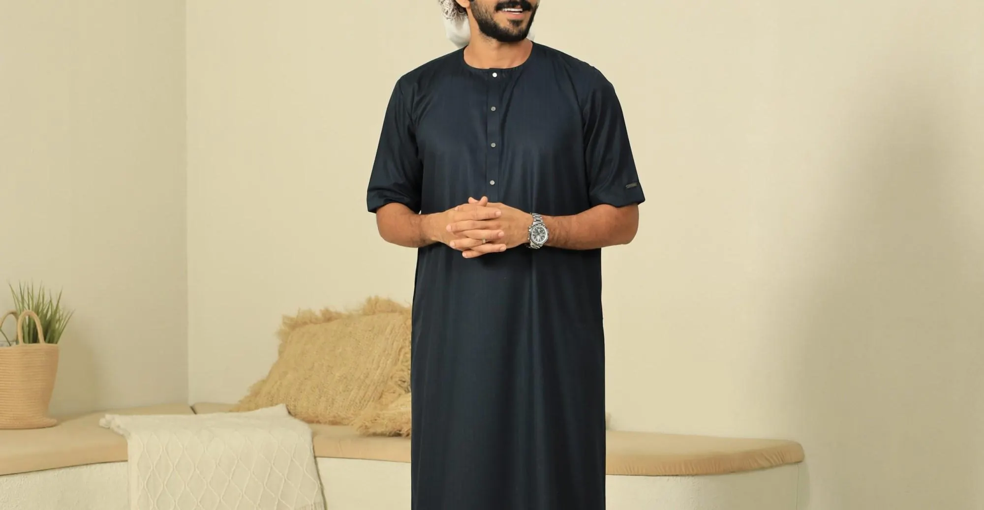 Charcoal Short Sleeve Thobe for Men, Press Button Summer Jubba, Everyday Dishdasha - image 3