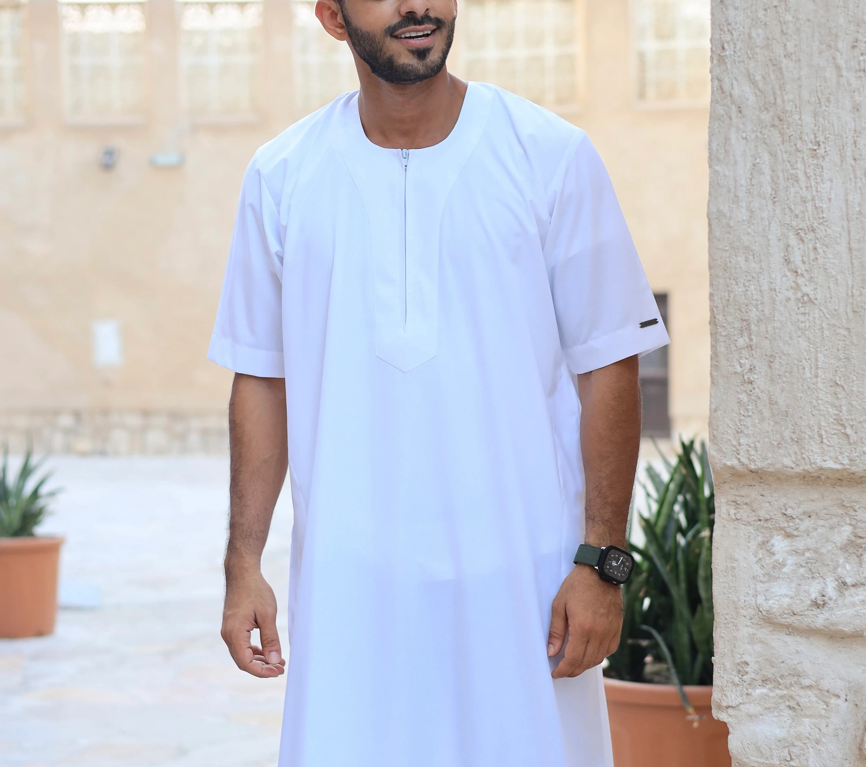 White Short Sleeve Thobe for Men, Zip Front Summer Jubba, Everyday Dishdasha